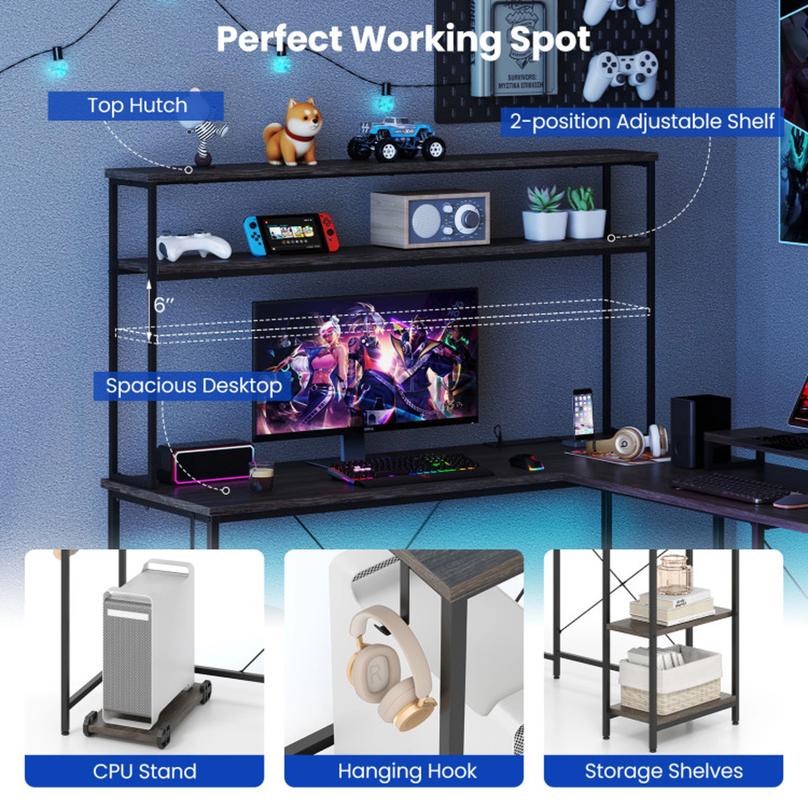 SUGIFT Gray Reversible L-Shaped Gaming Desk with RGB LED Hutch, Monitor Stand and 310-Lb Capacity