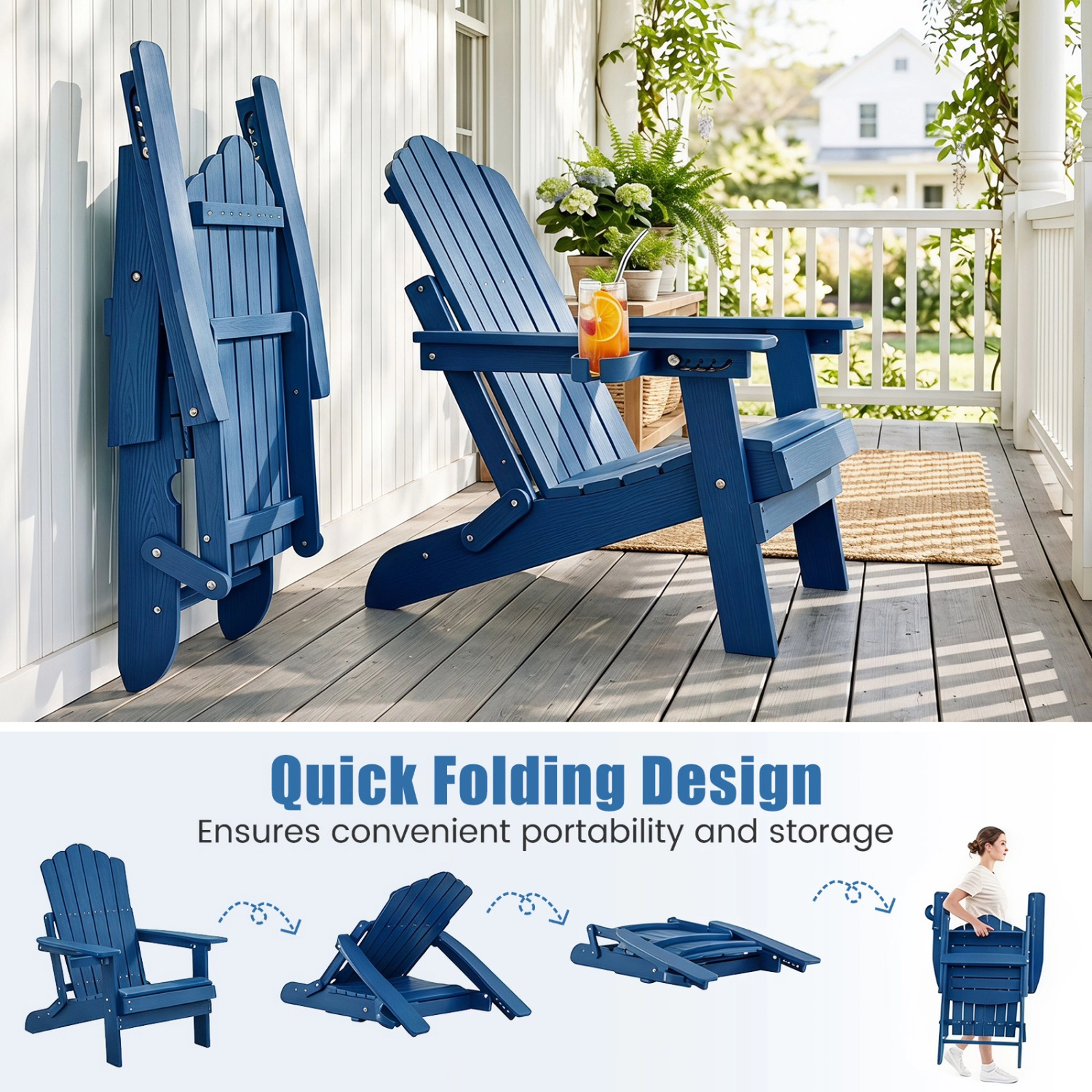 SUGIFT Outdoor Folding Adirondack Chair with 5-Position Backrest and Swivel Cup Holder 330-lb Capacity Navy