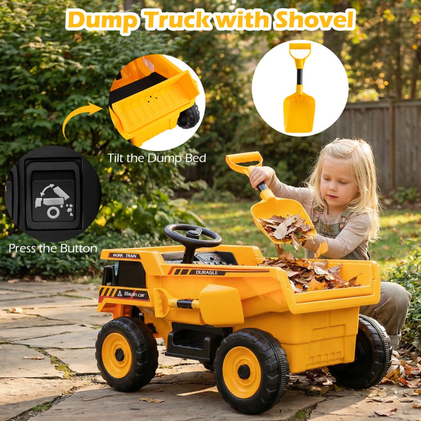 SUGIFT 24V Construction Ride-On Dump Truck Car with Remote Control 66-lb Capacity Ages 3-8 Yellow and Black