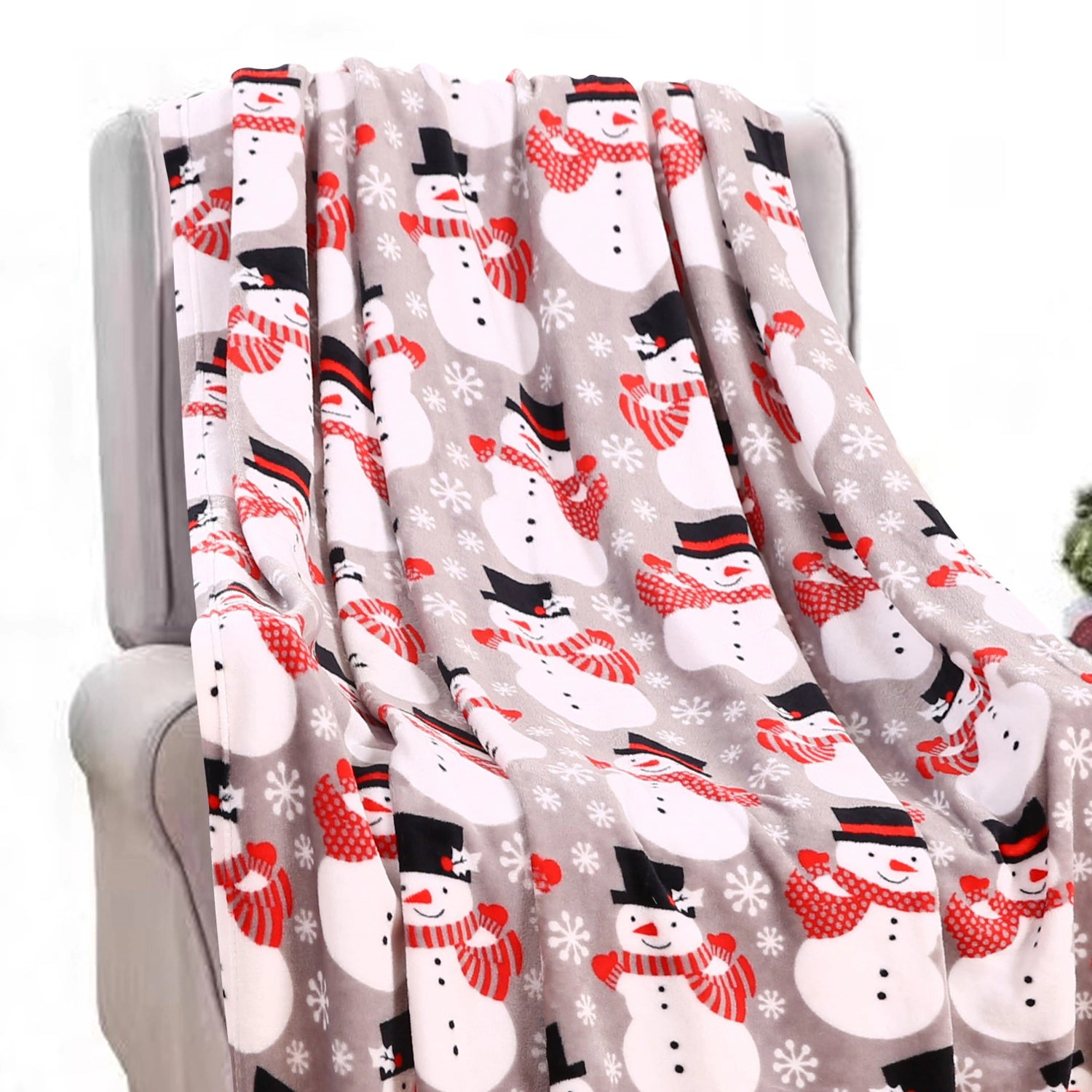 Plazatex Big Christmas Snowman All Season Plush Decorative Christmas Throw Blanket 50" X 60" Grey