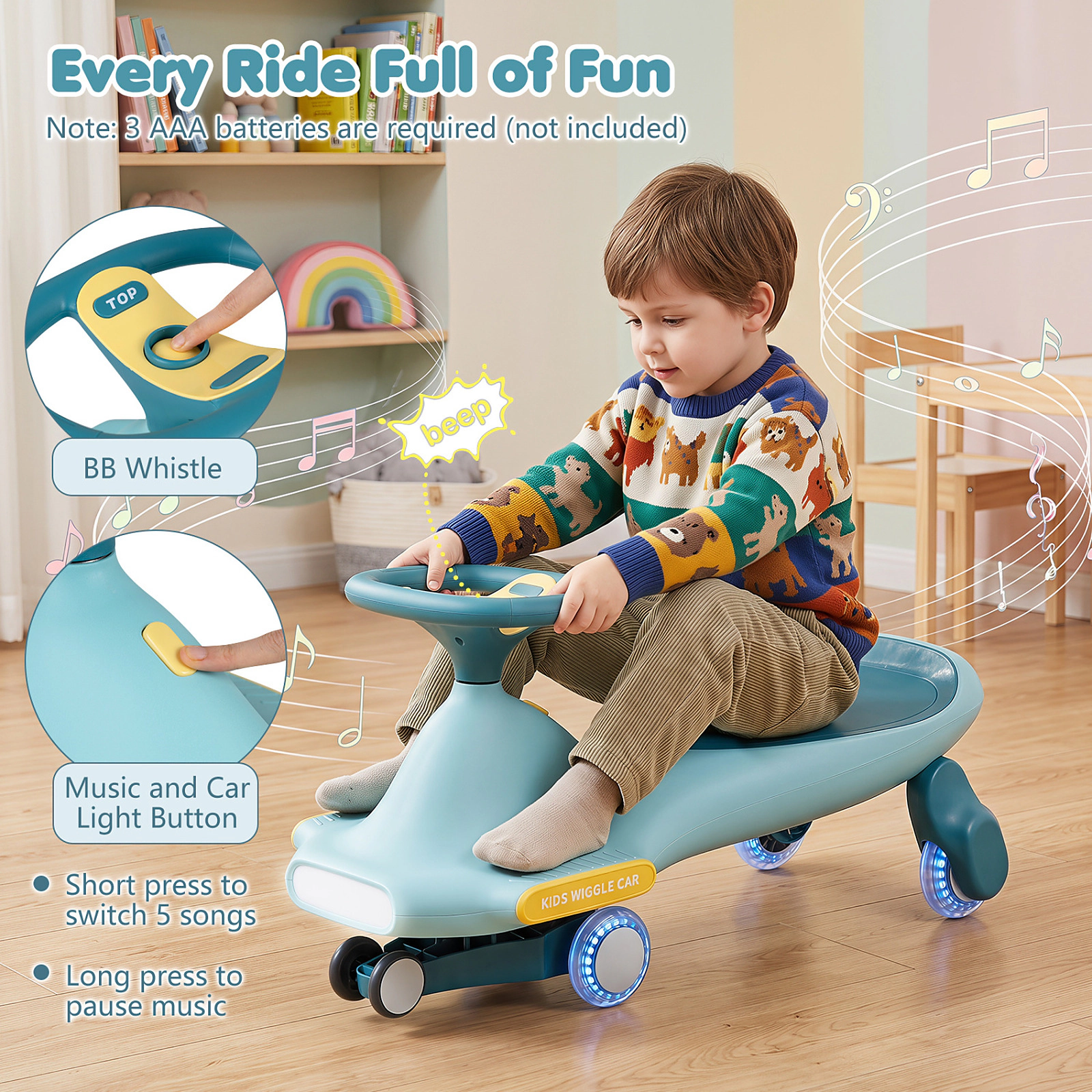 SUGIFT Blue Kids Ride-On Wiggle Car with 6 LED Flashing Wheels Music and Wide Wheelbase Ages 2-8