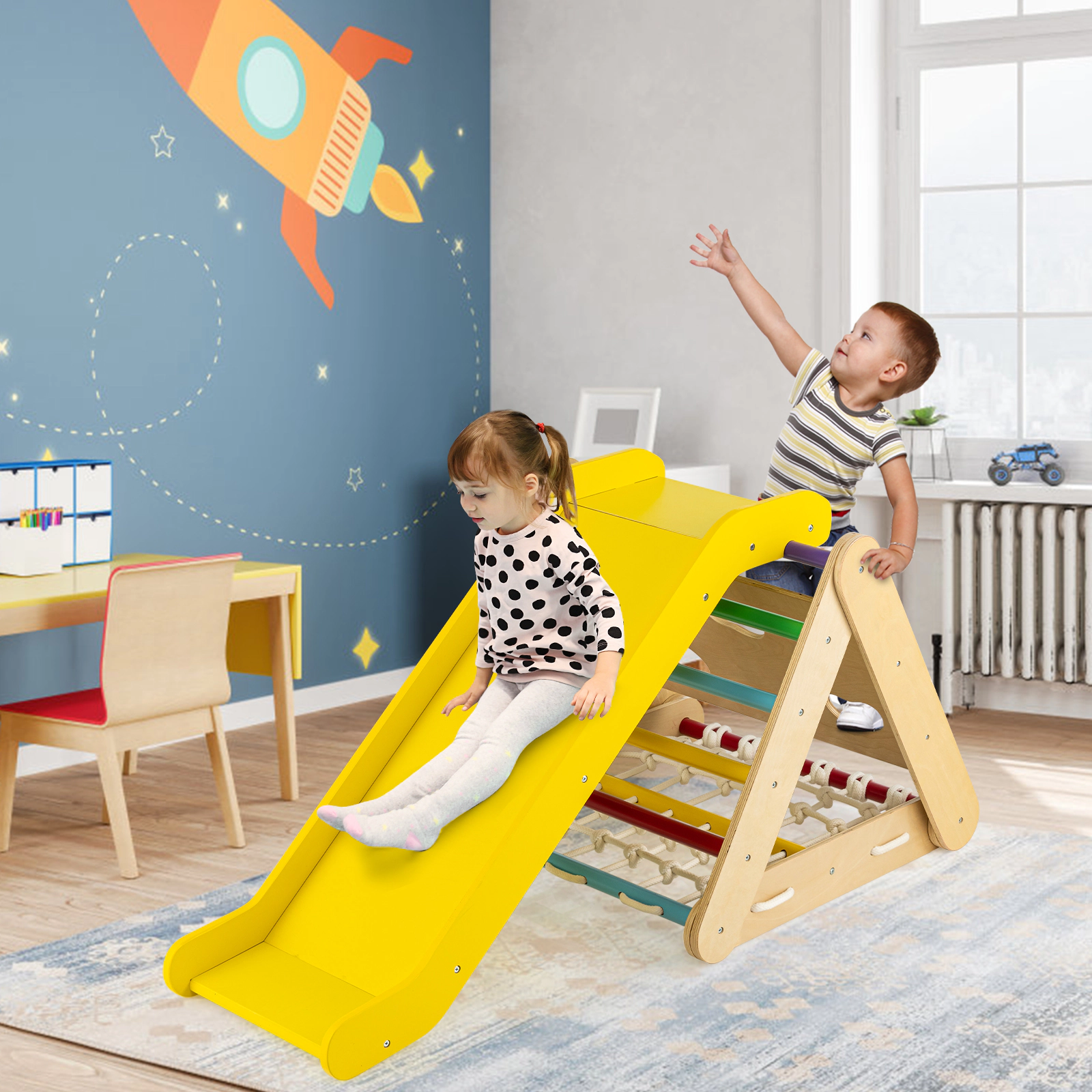 SUGIFT Sliding Board and Climbing Net 4-in-1 Wooden Kids Triangle Climber Toy