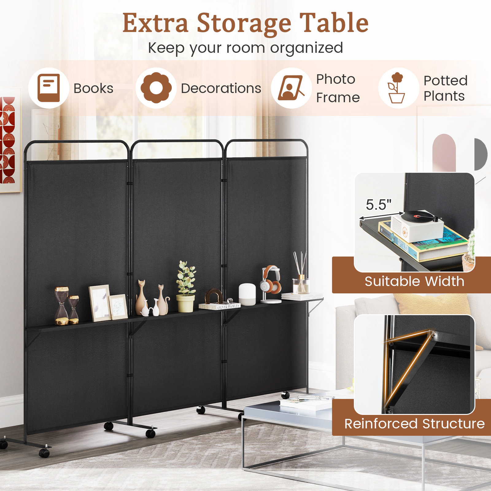 SUGIFT 3-Panel Folding Polyester Fabric 3 Metal Shelves Room Divider Screen 103-in x 18-in x 74-in 8 Wheels Black