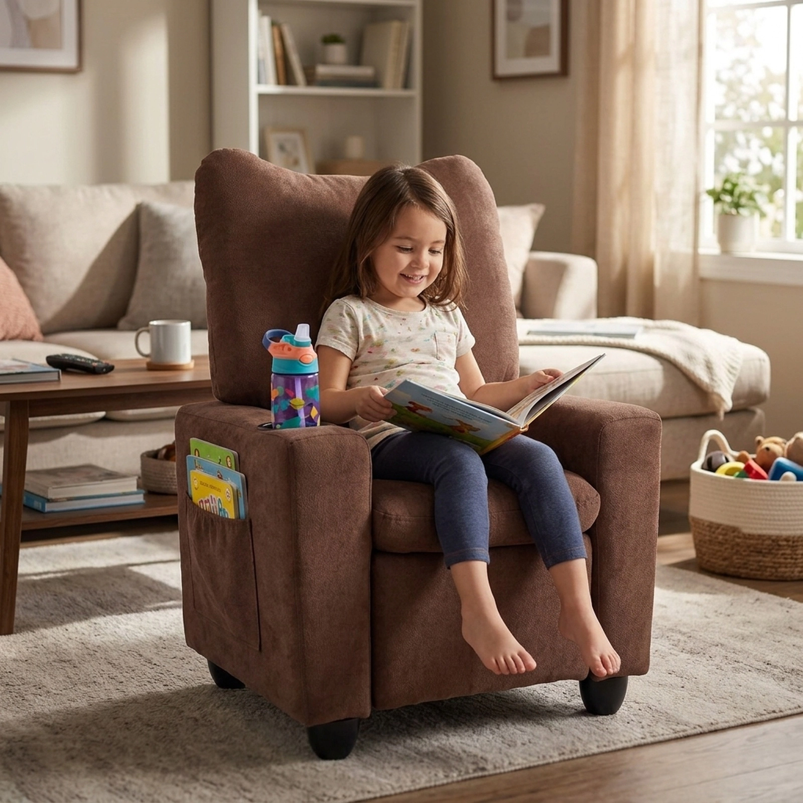 SUGIFT Push-Back Kids Recliner Toddler Single Sofa Chair Adjustable Footrest & Cup Holder 150-lb Capacity Ages 3+ Brown