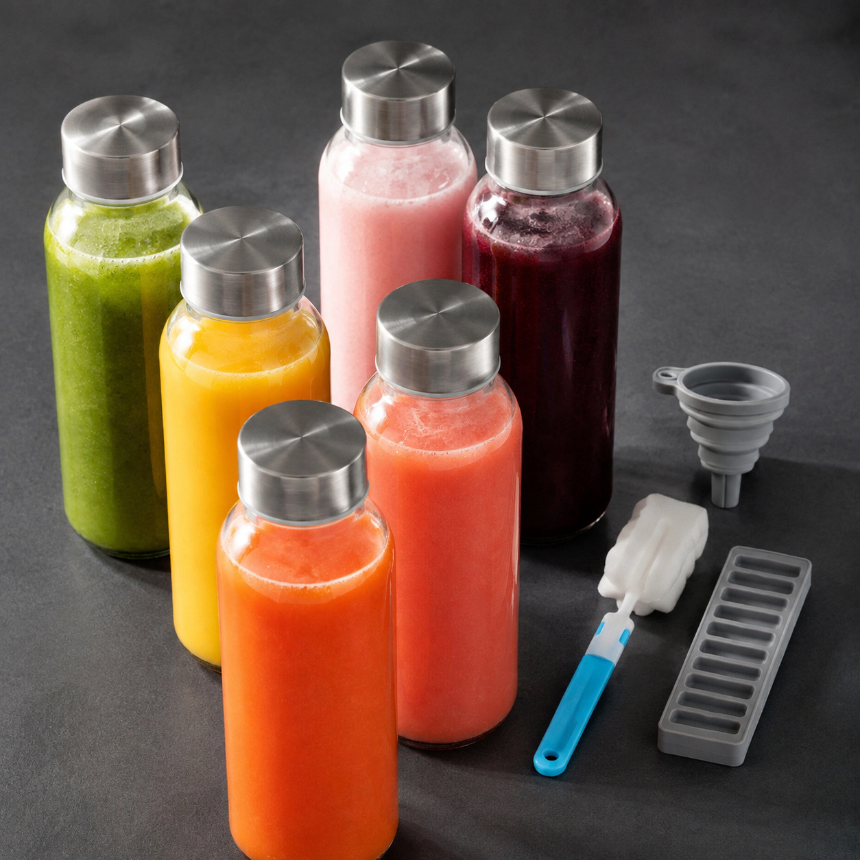WZK 24 Oz Set of 6 Airtight Leak Proof Lids Glass Juice Bottles