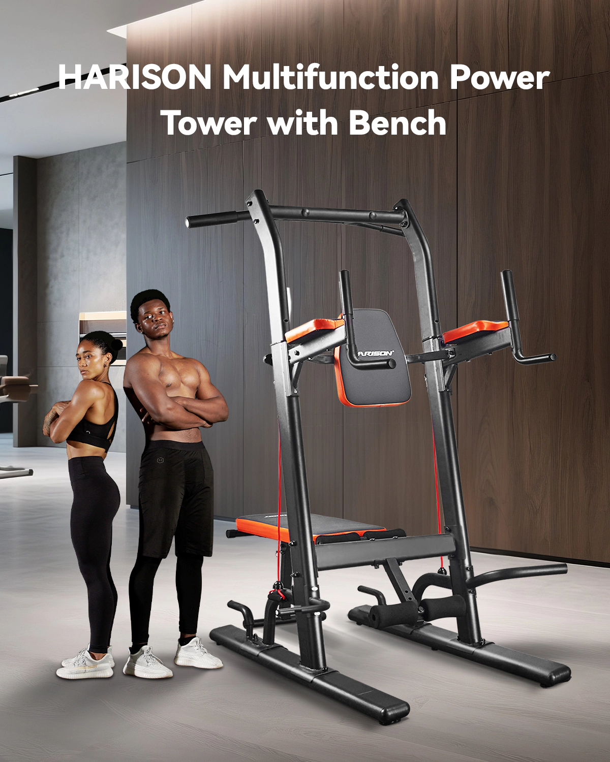 HARISON Power Tower with Weight Bench, Pull-Up Bar & Dip Station, Adjustable Height Home Gym Strength Trainer