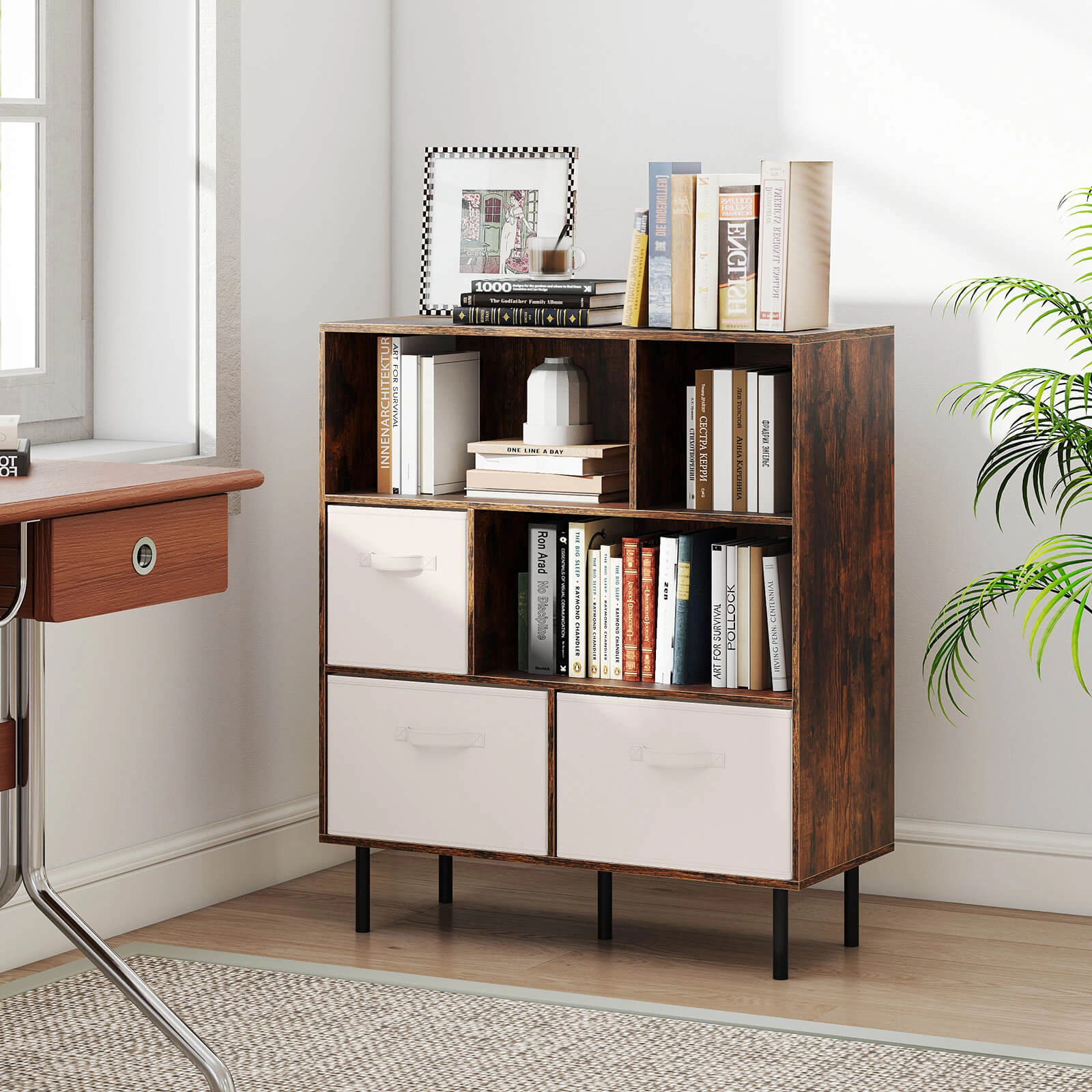 Costway 6-Cube Bookcase with 3 Removable Folding Fabric Drawers 2 Anti-tip Devices for Home Rustic Brown
