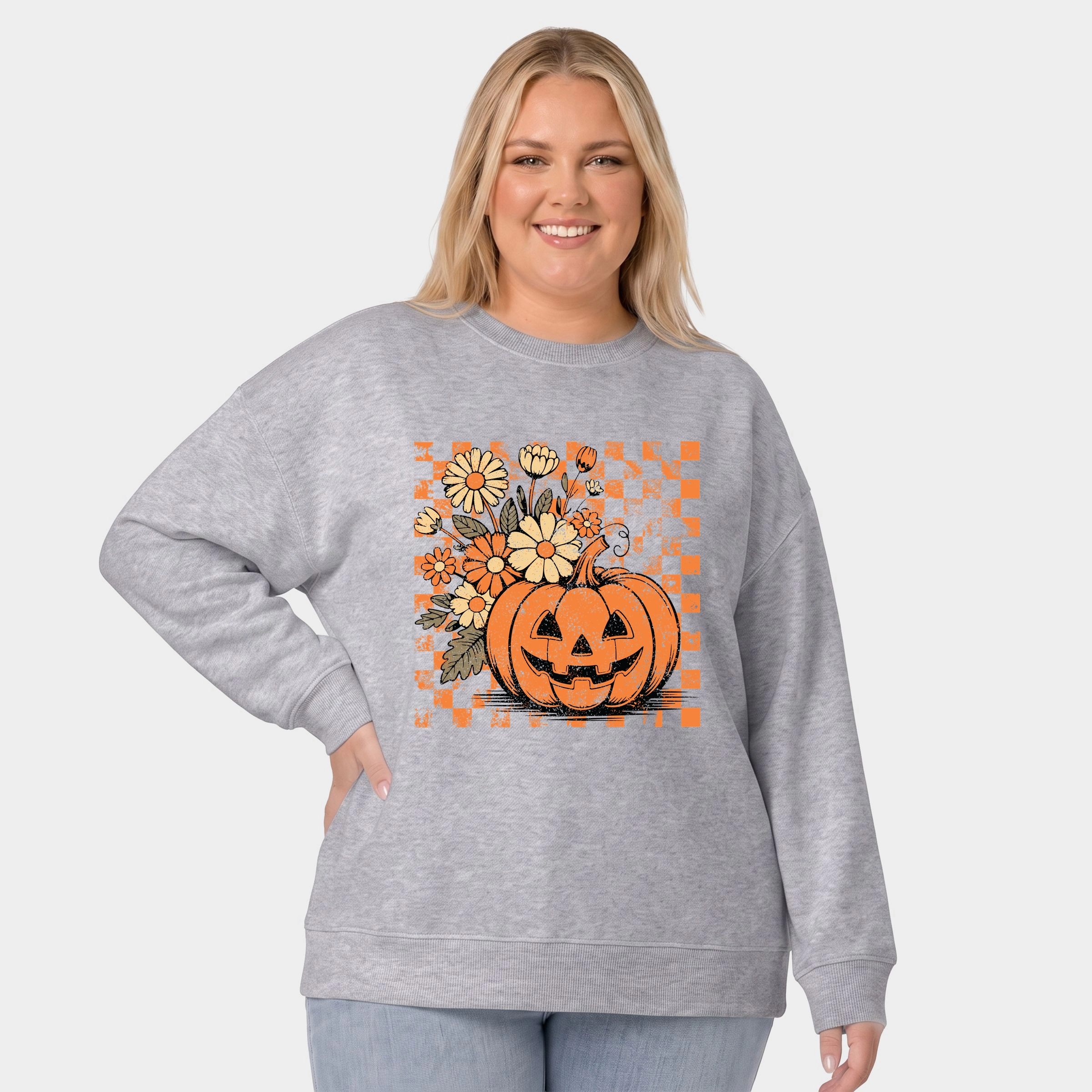Simply Sage Market - Women's Plus Sized Graphic Sweatshirt Retro Floral Pumpkin