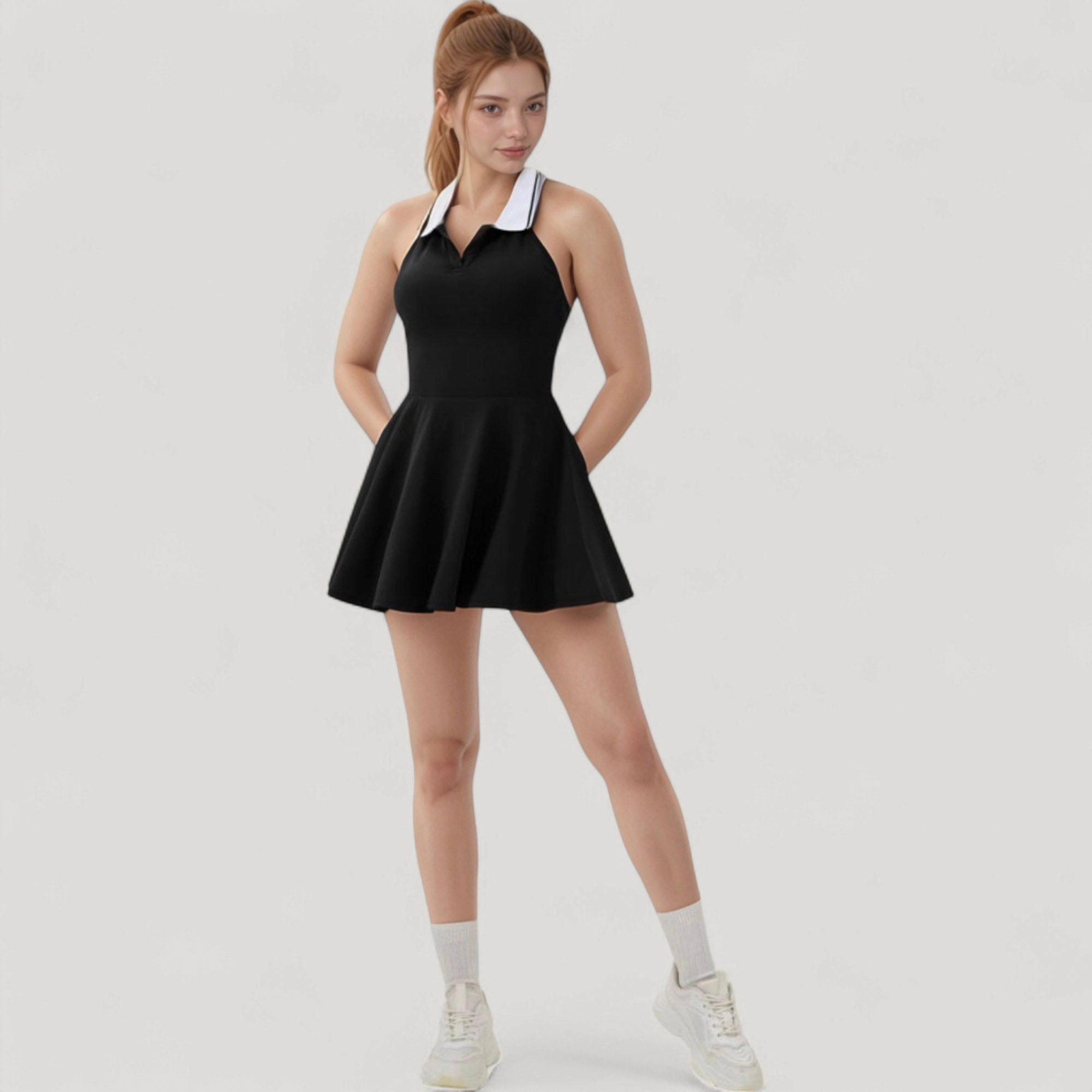 Anna-Kaci Women's Sleeveless Tennis Dress with Polo Collar, Spaghetti Straps and A-Line Skirt