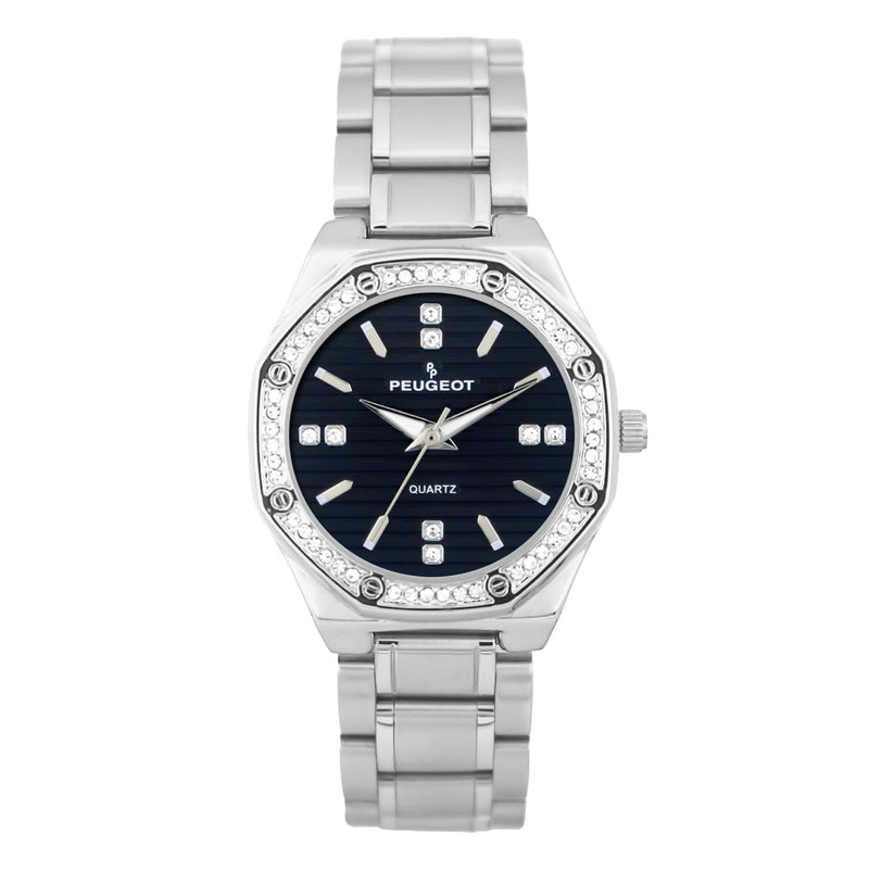 Peugeot Women's Hex Shape Black Dial Silver-Tone Bracelet Strap