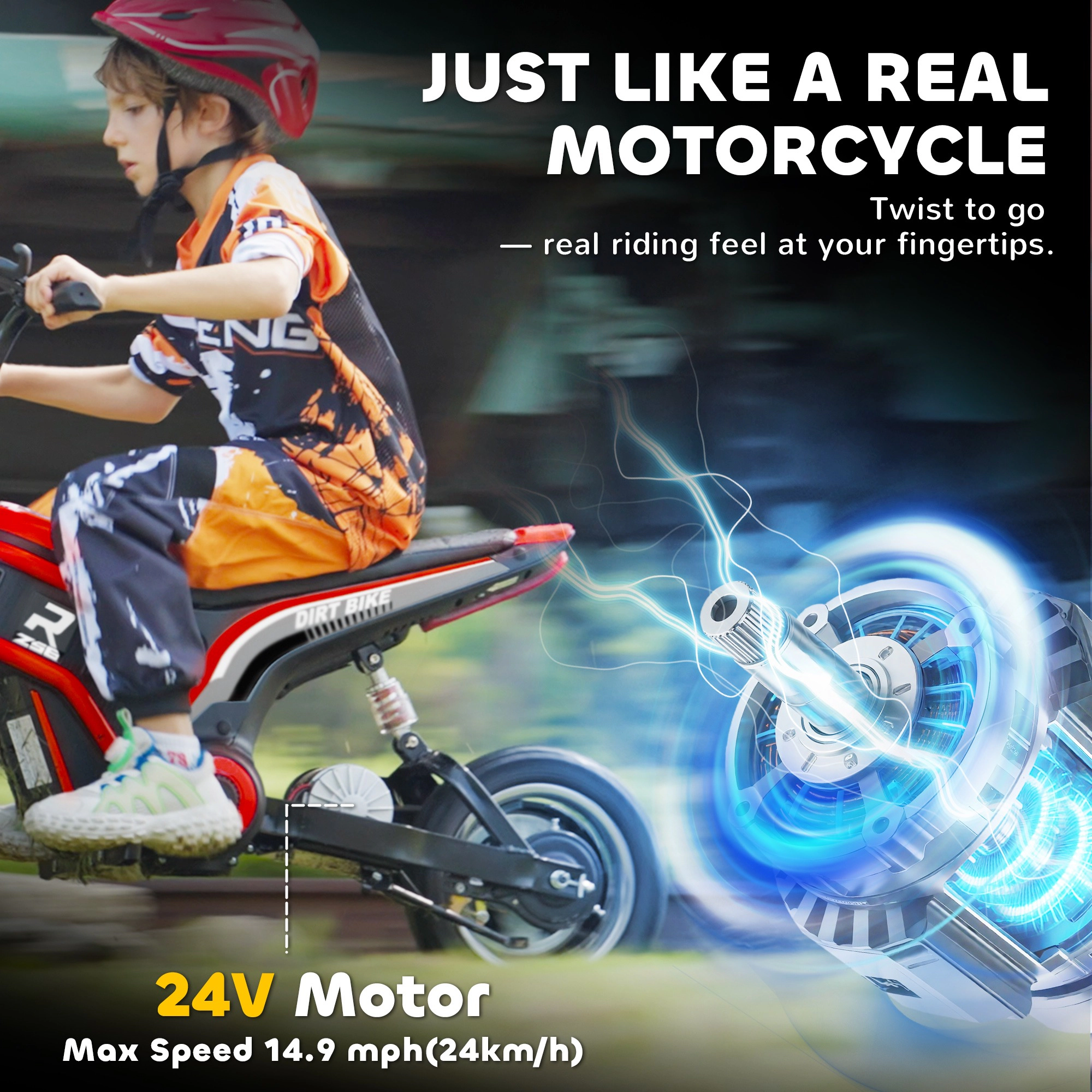 HONGGE Kids Electric Dirt Bike for Teens, 24V 350W Motor, Up to 15 MPH, Steel Frame, Red