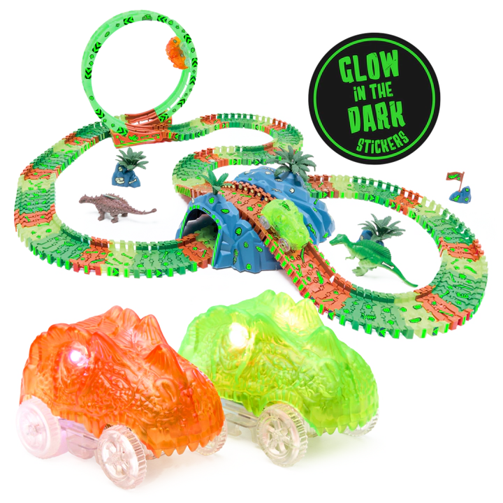 JitteryGit Kids Dino Track Forest Glow-in-the-Dark Race Set - 185-Piece Track with Loop & Dino Racers