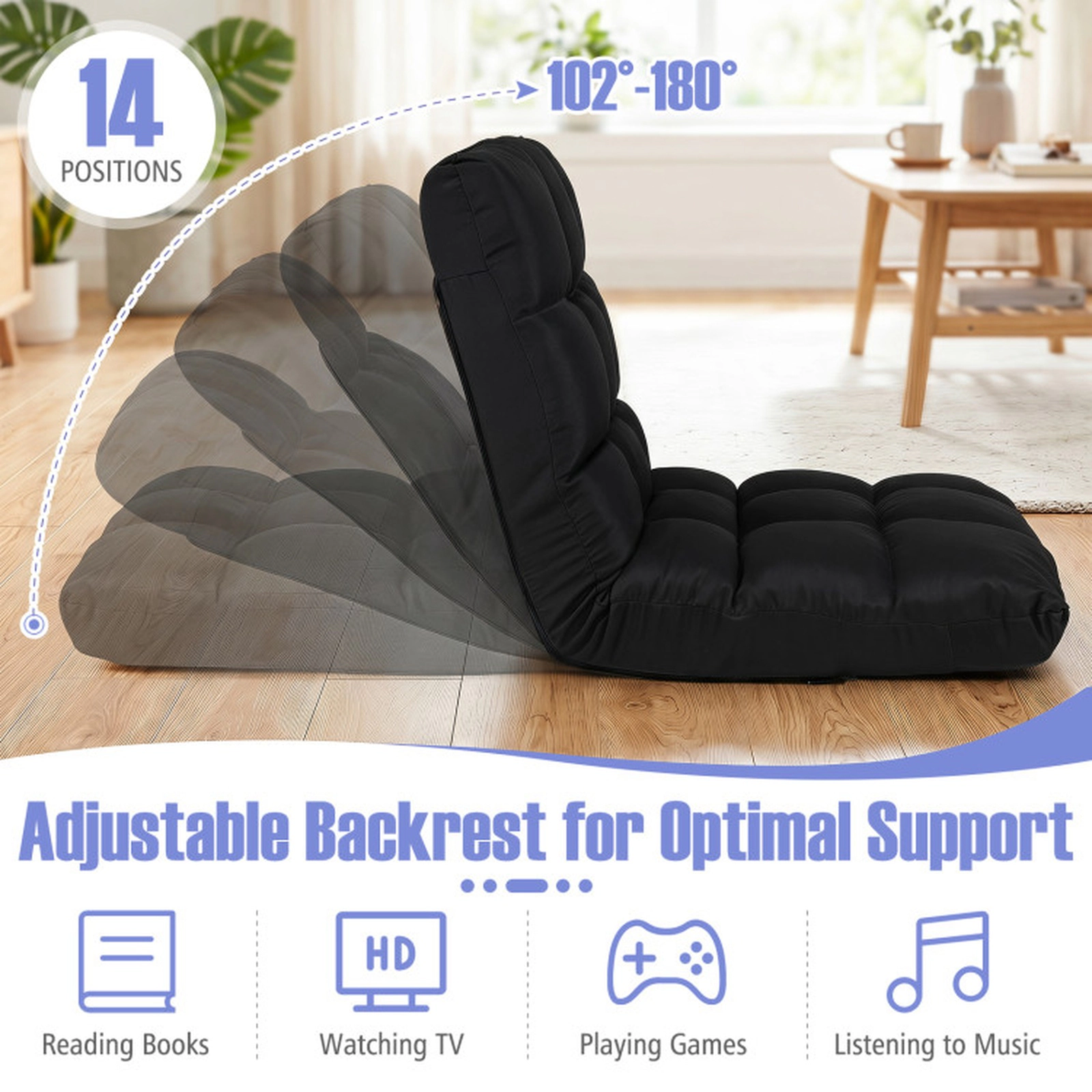 SUGIFT 14-Position 102-180 Degree Cotton Linen Floor Gaming Sofa Chair 42-in x 21-in x 4-in 355-lb Capacity Black