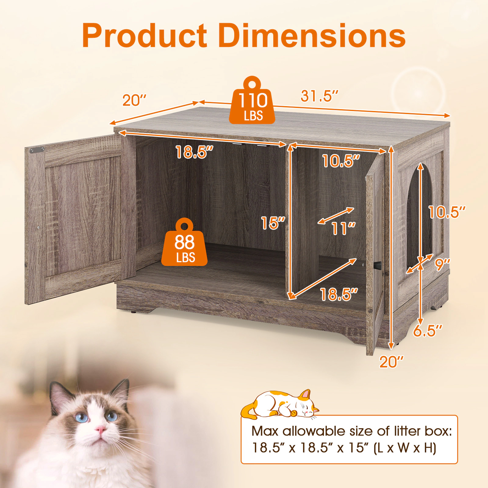 SUGIFT Cat Litter Box Enclosure Side Table with Dual Doors 110-lb Tabletop Capacity Gray