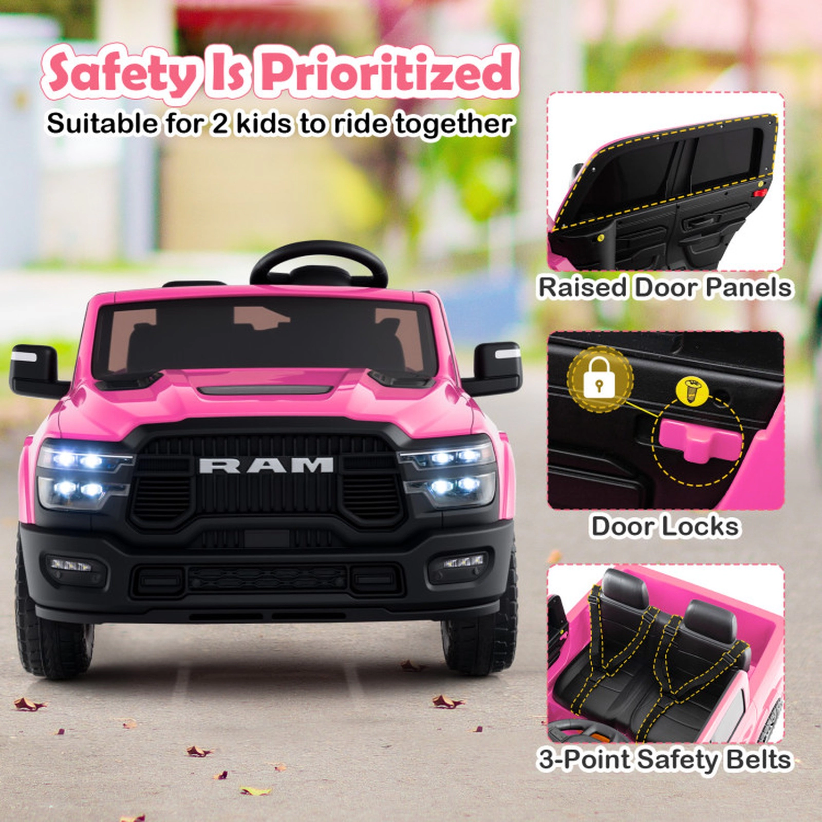 SUGIFT Pink Remote Control and Music 24V 2-Seater Licensed Ram Big Kids Ride On Truck