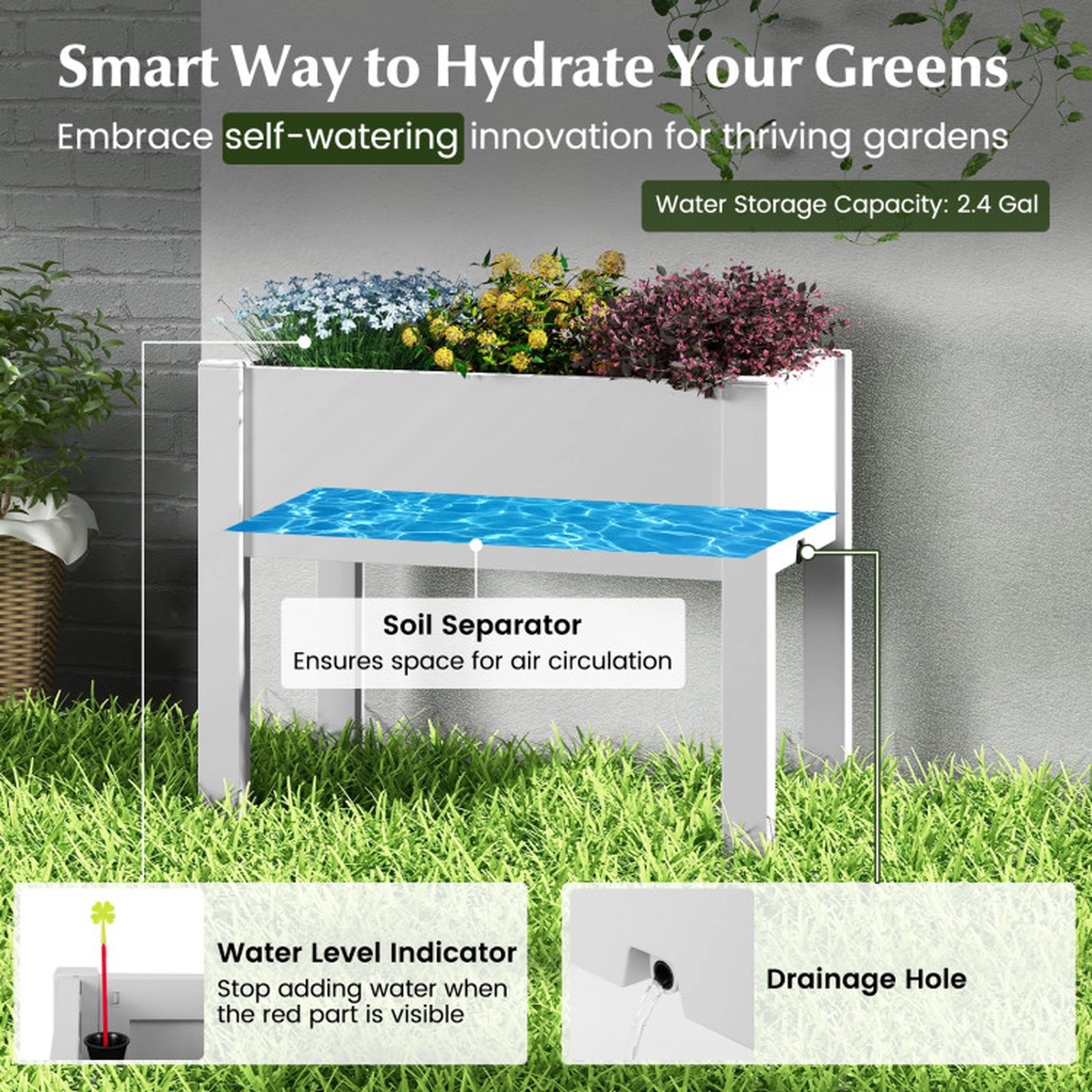 SUGIFT 53L Self-Watering Raised Bed Grow Box Planter Box Stand 66-lb Capacity 30 x 18 x 24 in Coffee/Greyish-white 1-Pc