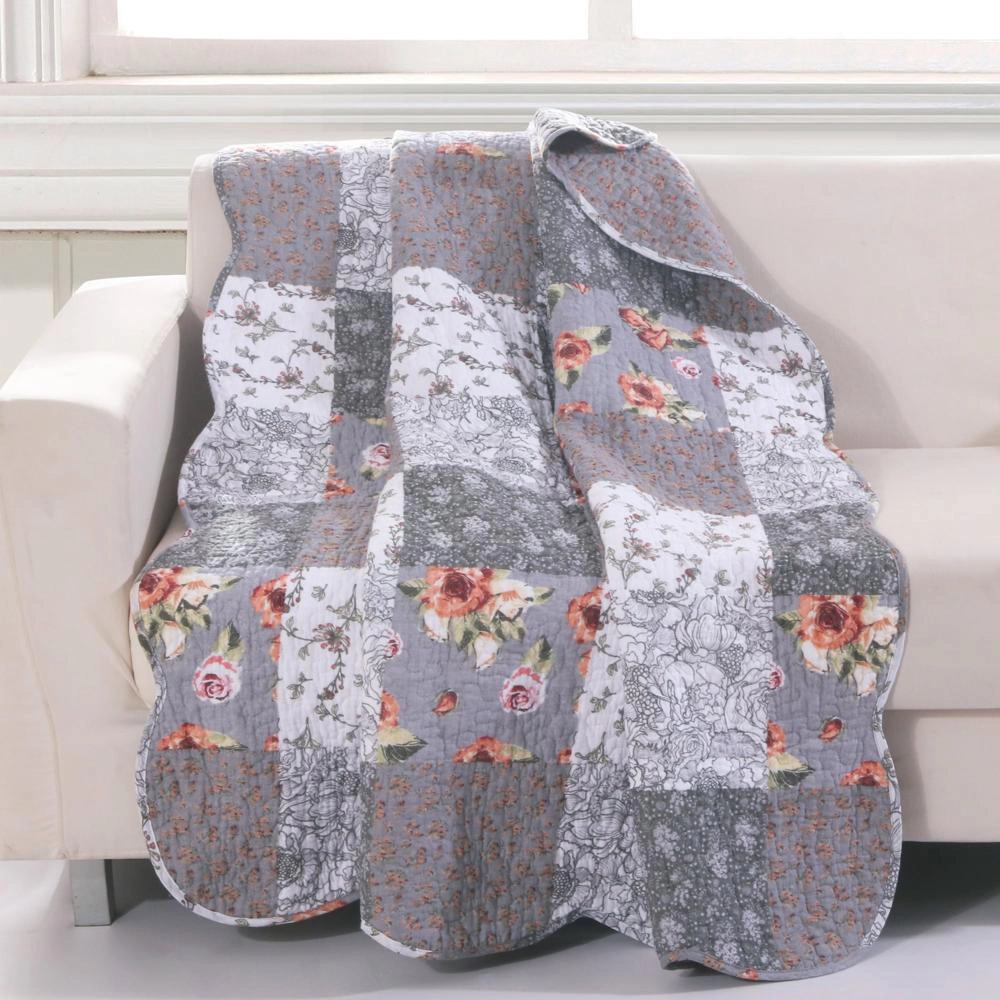Greenland Home Fashions Barefoot Bungalow Giulia Fabulous Floral and Stencil Prints Quilted Throw Blanket 50x60" Gray