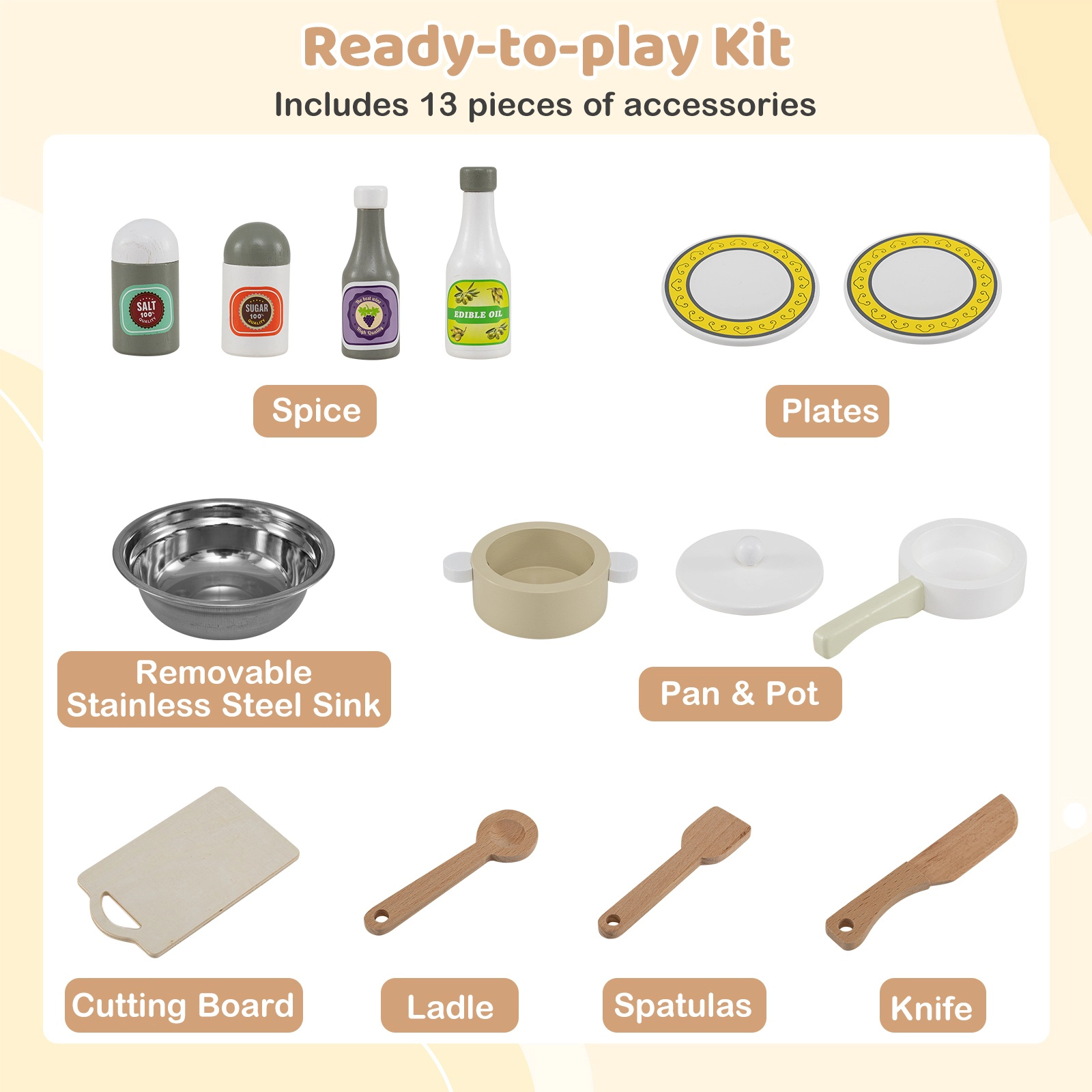 SUGIFT Wooden Play Kitchen Cooking Toy Playset with 13 Accessories for Kids Ages 3+ 27-in Wide White Natural Gray