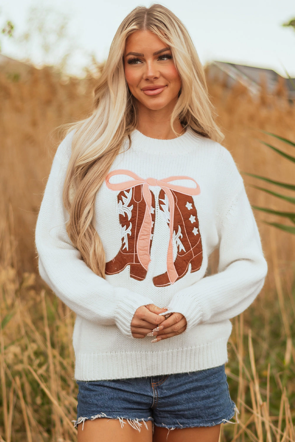 Threaded Pear Women's Amanda Embroidered Bow Boots Sweater