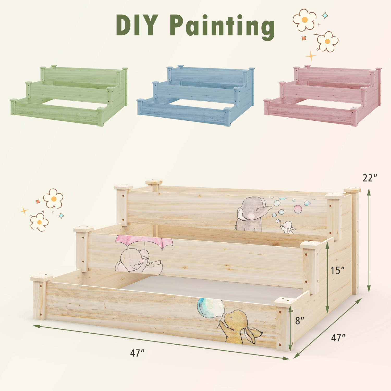 Slickblue Unisex 3-Tier Wooden Raised Garden Bed Planter