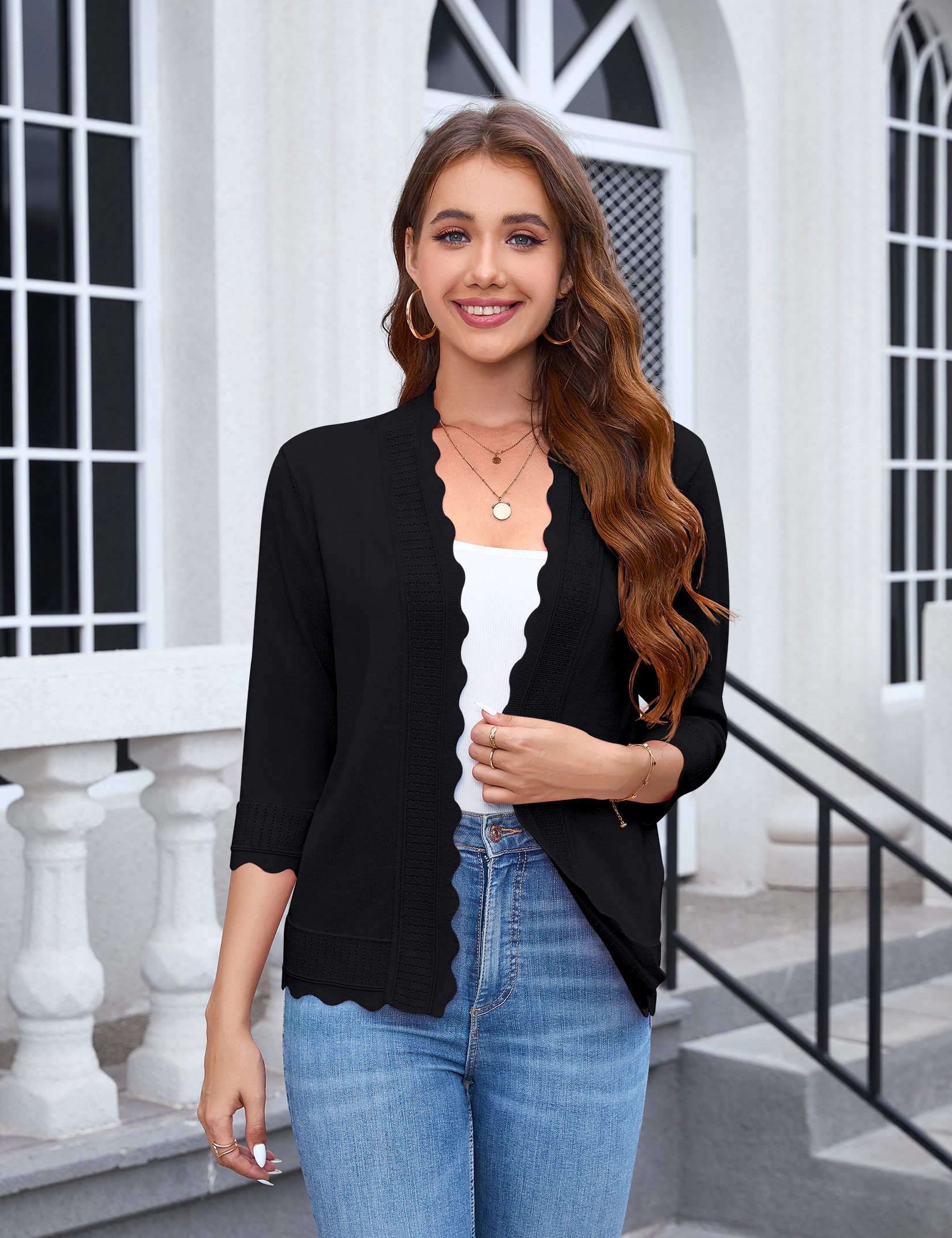 KOJOOIN Women's 3/4 Sleeve Cardigan Lightweight Open-Front Wave Edges Cropped Knit Sweater
