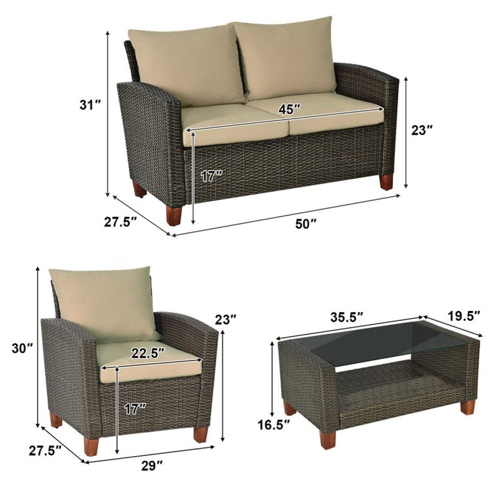 SUGIFT Beige Loveseat Armchairs and Coffee Table 4-Piece Patio Rattan Sofa Set