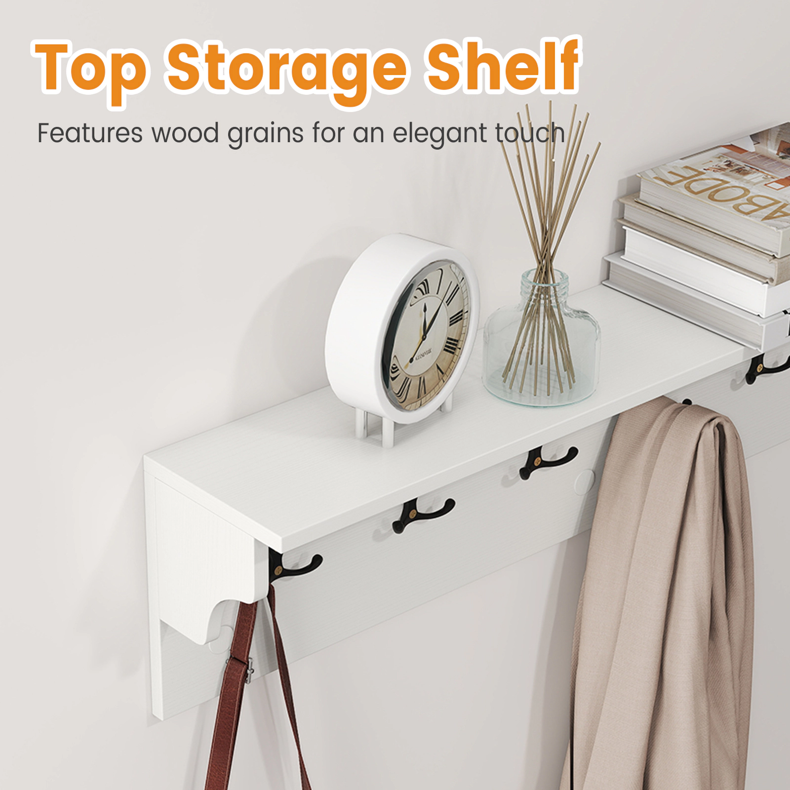 SUGIFT 31.5-in Wooden Wall Mounted Coat and Hat Rack with Display Shelf and 6 Hooks for Towels and Robes