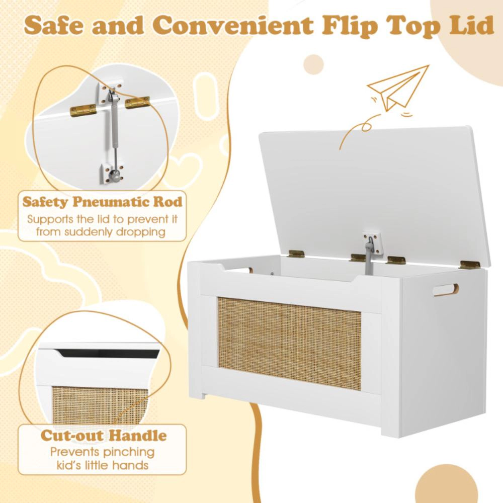 Hivvago Kids Rattan Toy Storage Box with Flip Top Lid and Safety Hinge Handles-White