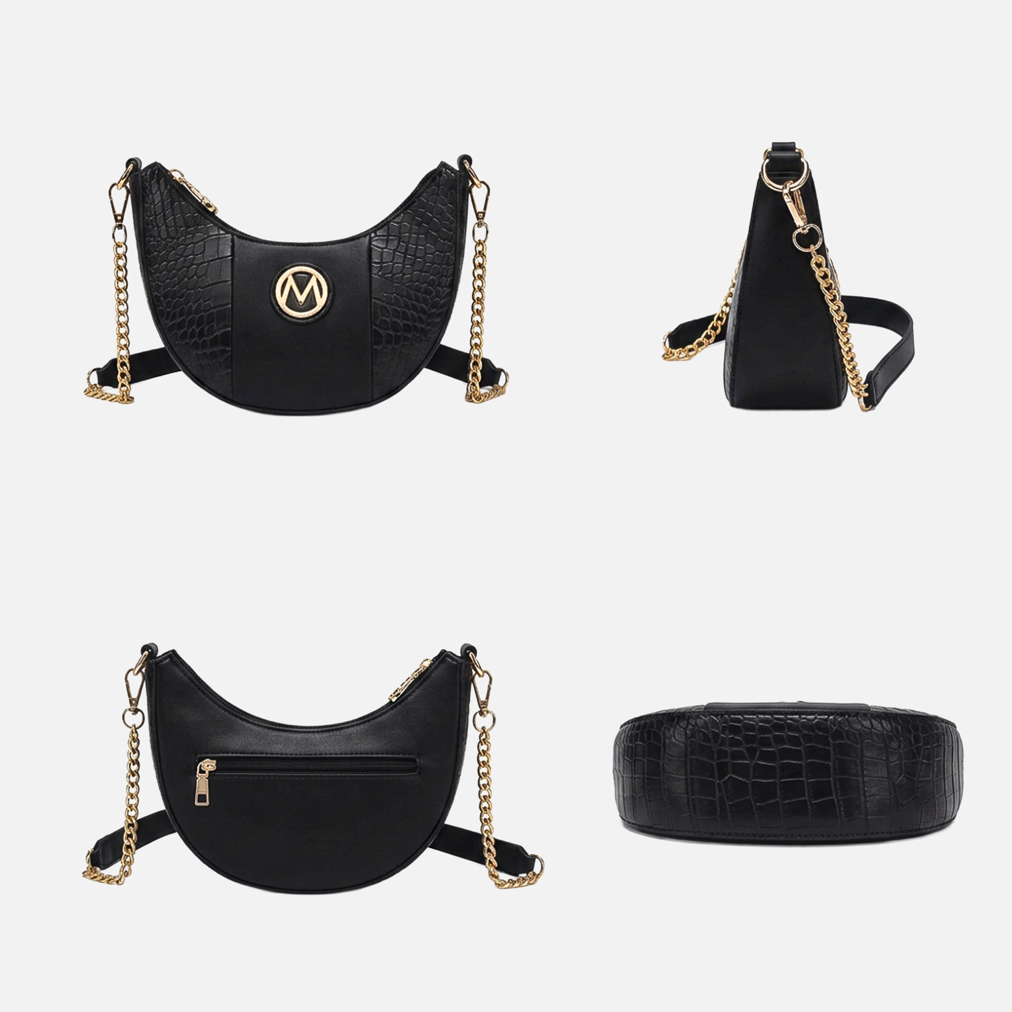 Mia K Collection Amira Crescent Vegan Leather Shoulder Bag - Croc-Embossed Half-Moon with Chain Strap
