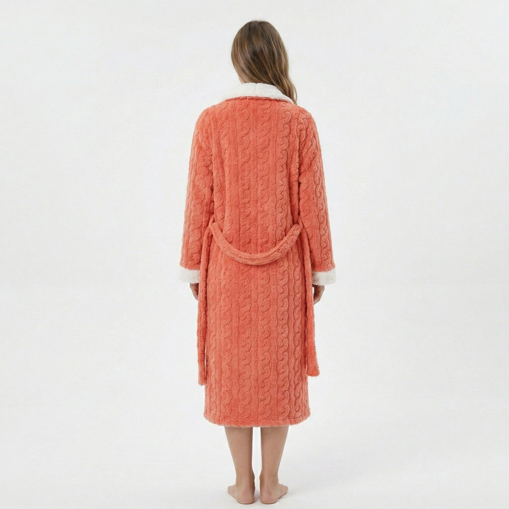 Anna-Kaci Women's Plush Bathrobe with Textured Cable Pattern Contrast Trim Button Front Closure and Pockets