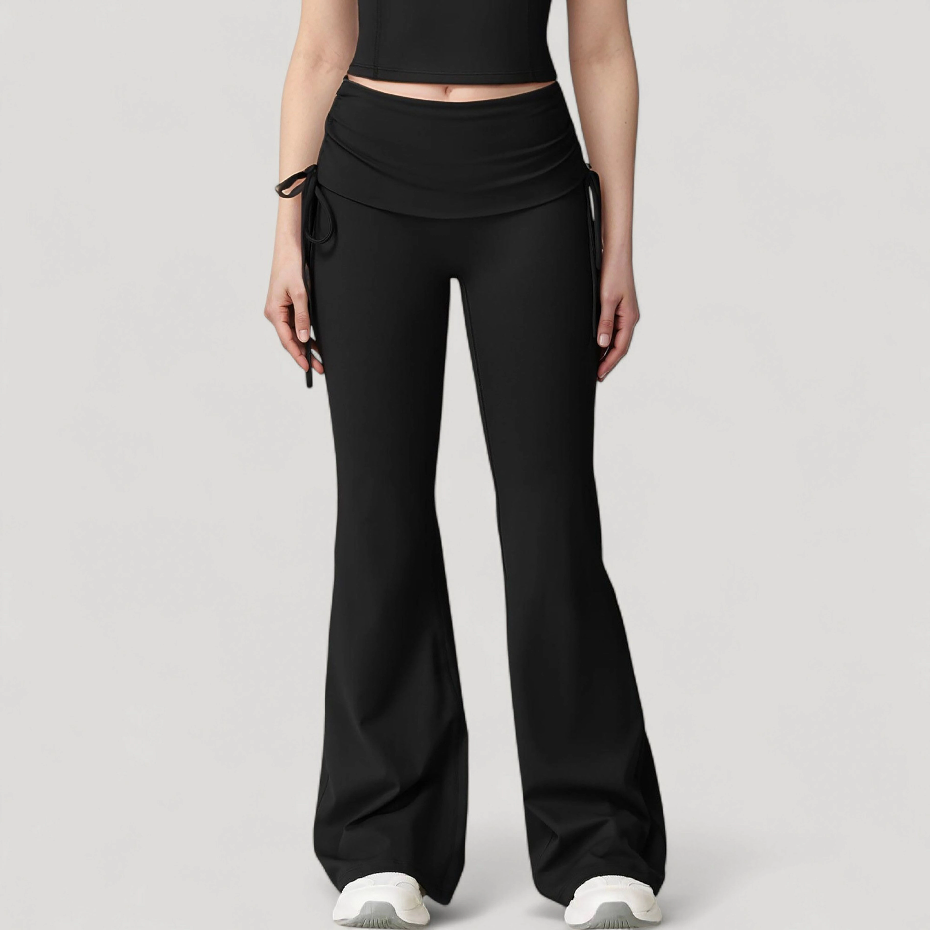 Anna-Kaci Active Women's Drawstring Ruched Waist Flared Leg Pants Stretch Fabric Yoga Lounge Bottoms