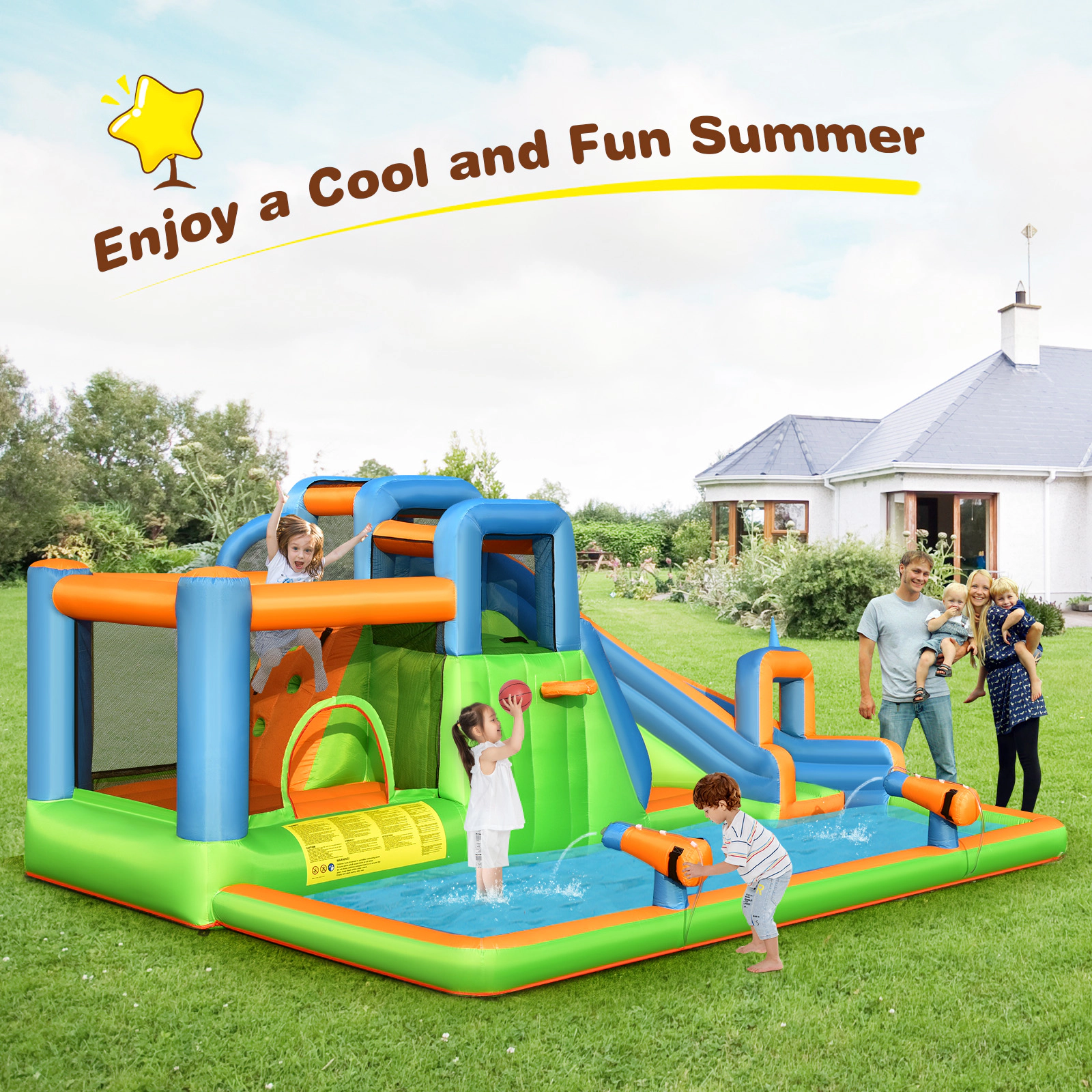 SUGIFT Dual Climbing Walls and 735W Blower 7-in-1 Kids Inflatable Giant Water Park