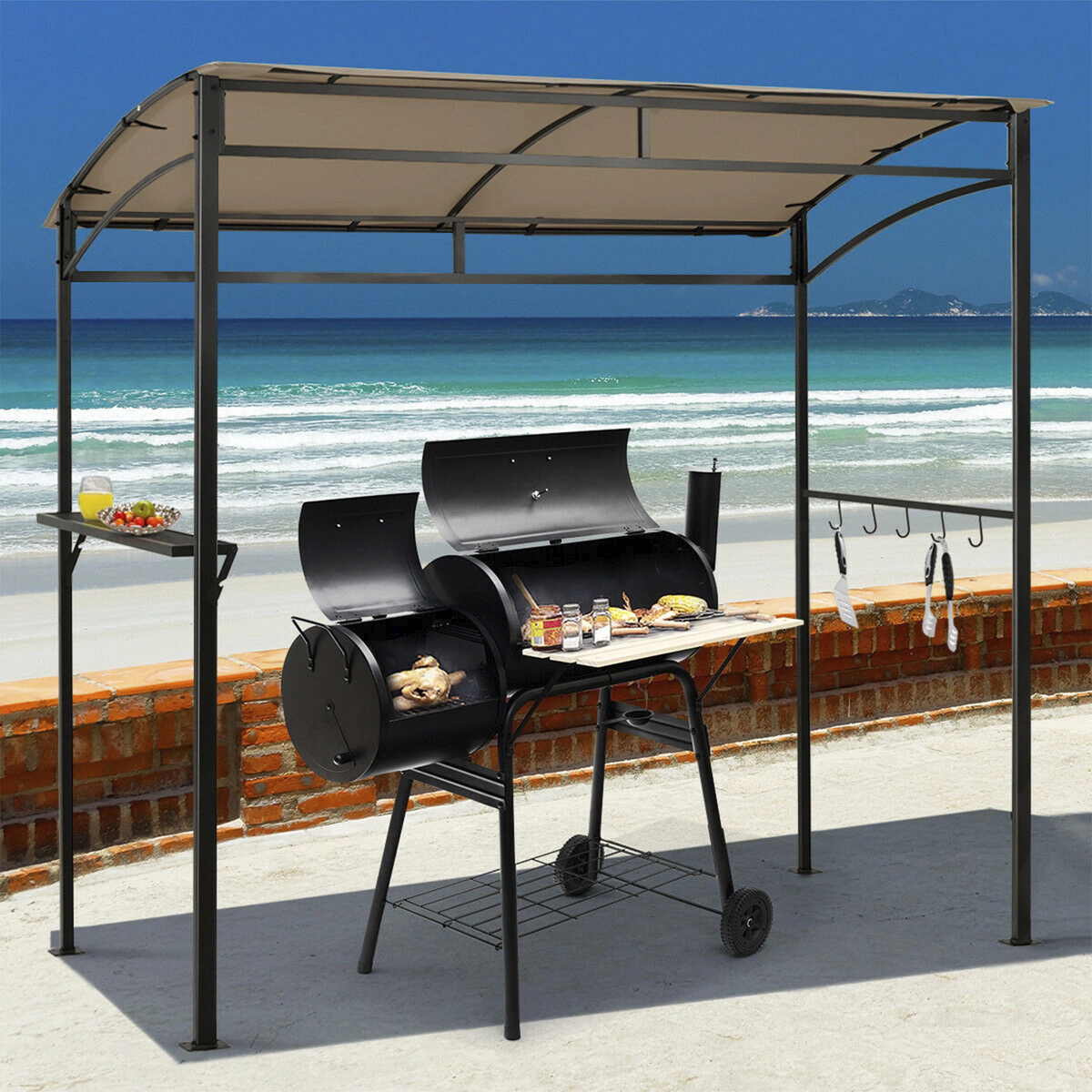 SUGIFT 7-ft Brown Outdoor Grill Gazebo with BBQ Canopy, Shelf and 5 Hooks