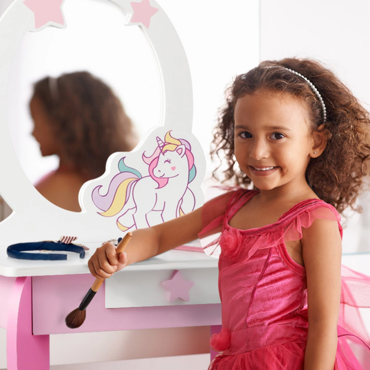 Hivvago Kids Wooden Makeup Dressing Table And Chair Set With Mirror Drawer
