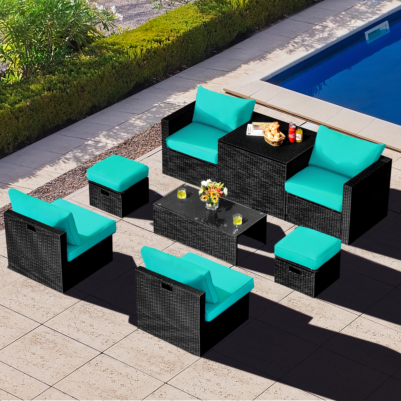 SUGIFT Storage Box and Glass Coffee Table 8-Piece Turquoise Patio Rattan Modular Set