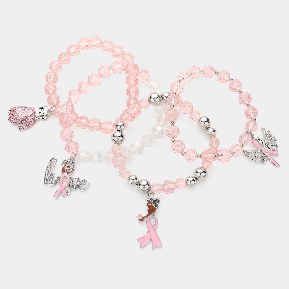 FASHNZFAB 4PCS - Pink Ribbon Pointed Glove Afro Girl Charm Faceted Beaded Stretch Bracelets