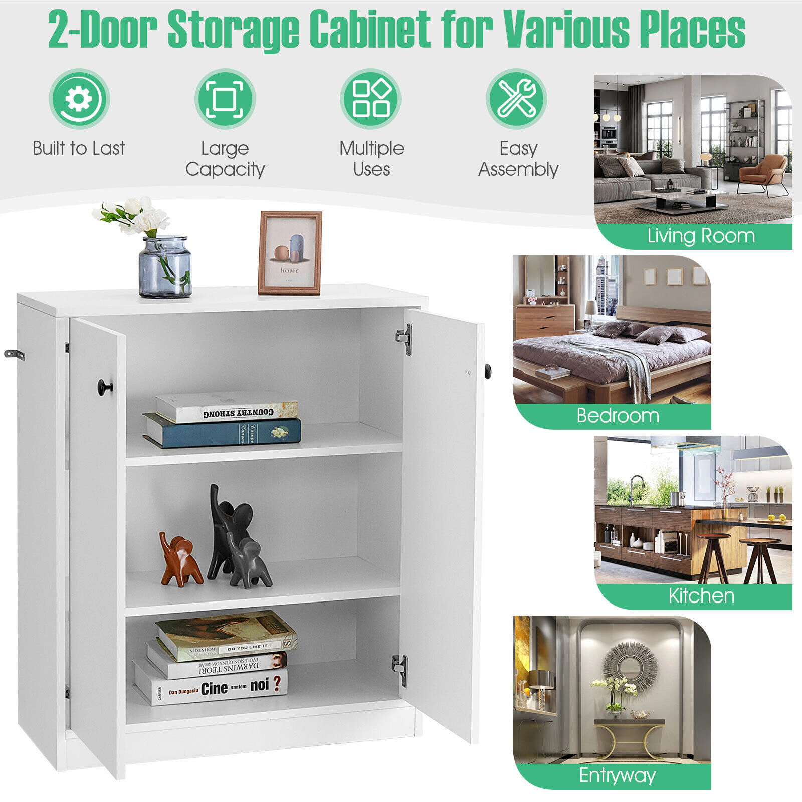 SUGIFT 28-in White Storage Base Cabinet with 2 Doors 3-Tier Shelves and Microwave Stand for Kitchen