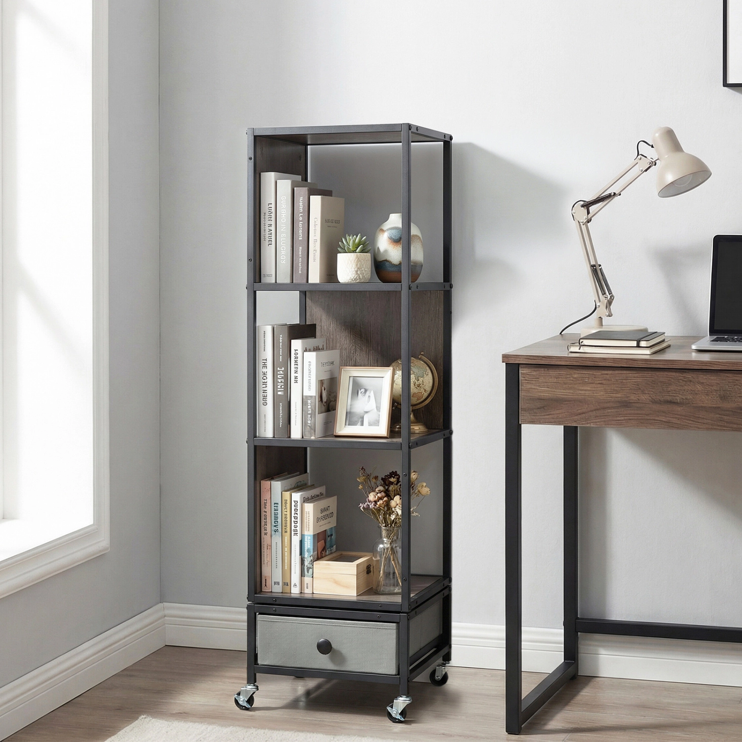 LJG 4-Tier Rotating Bookshelf on Wheels with Removable Drawer