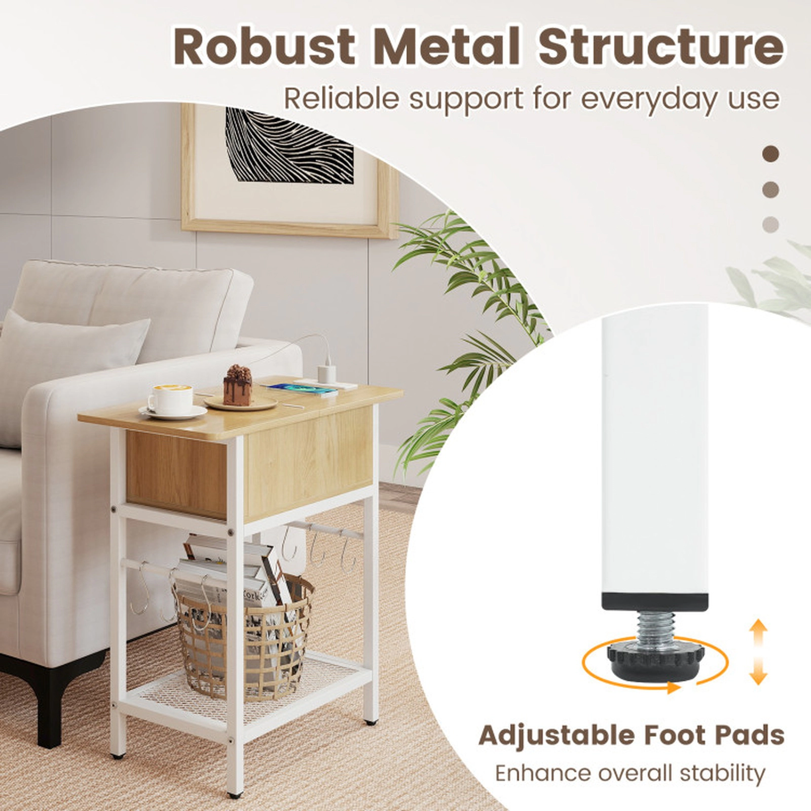 SUGIFT Set of 2 24-Inch End Tables with Charging Station, Hidden Storage and S Hooks