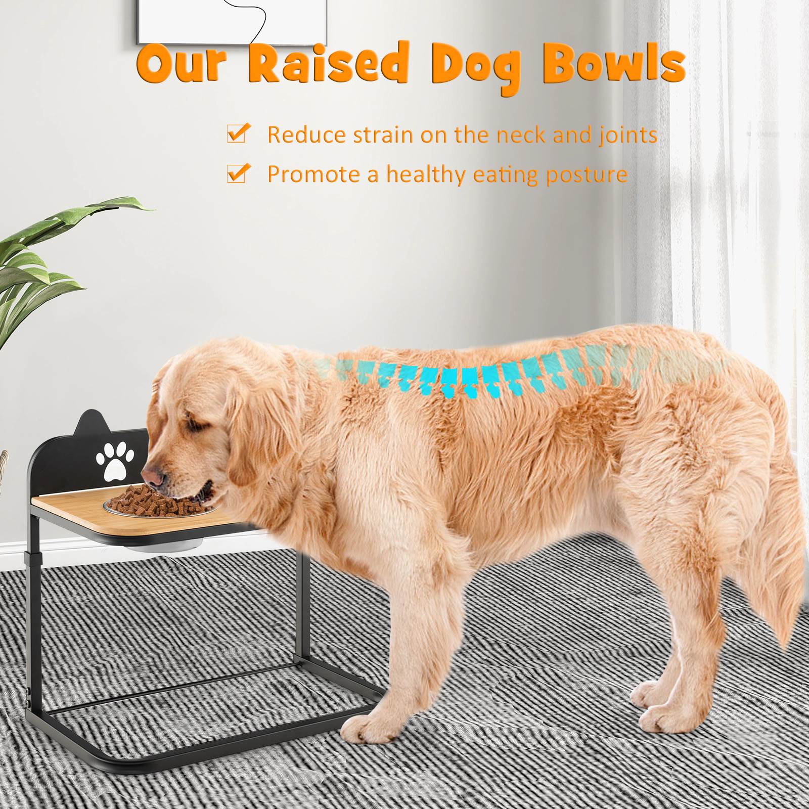 SUGIFT Black Bamboo Elevated Dog Bowl Stand with 2 Stainless Steel Bowls 21-in W 12-in D 21-in H