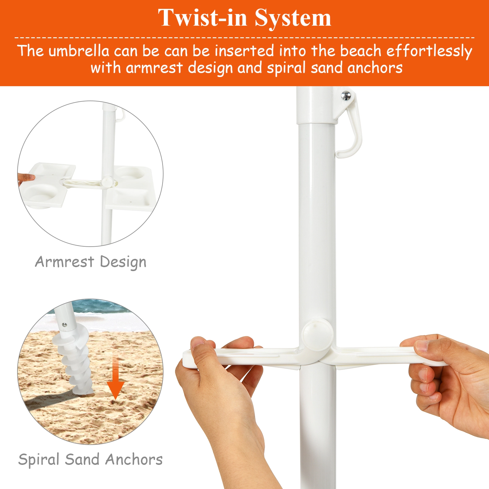 SUGIFT 7.2-ft Portable Beach Umbrella with Integrated Sand Anchor Adjustable Tilt 8 Ribs and Carry Bag