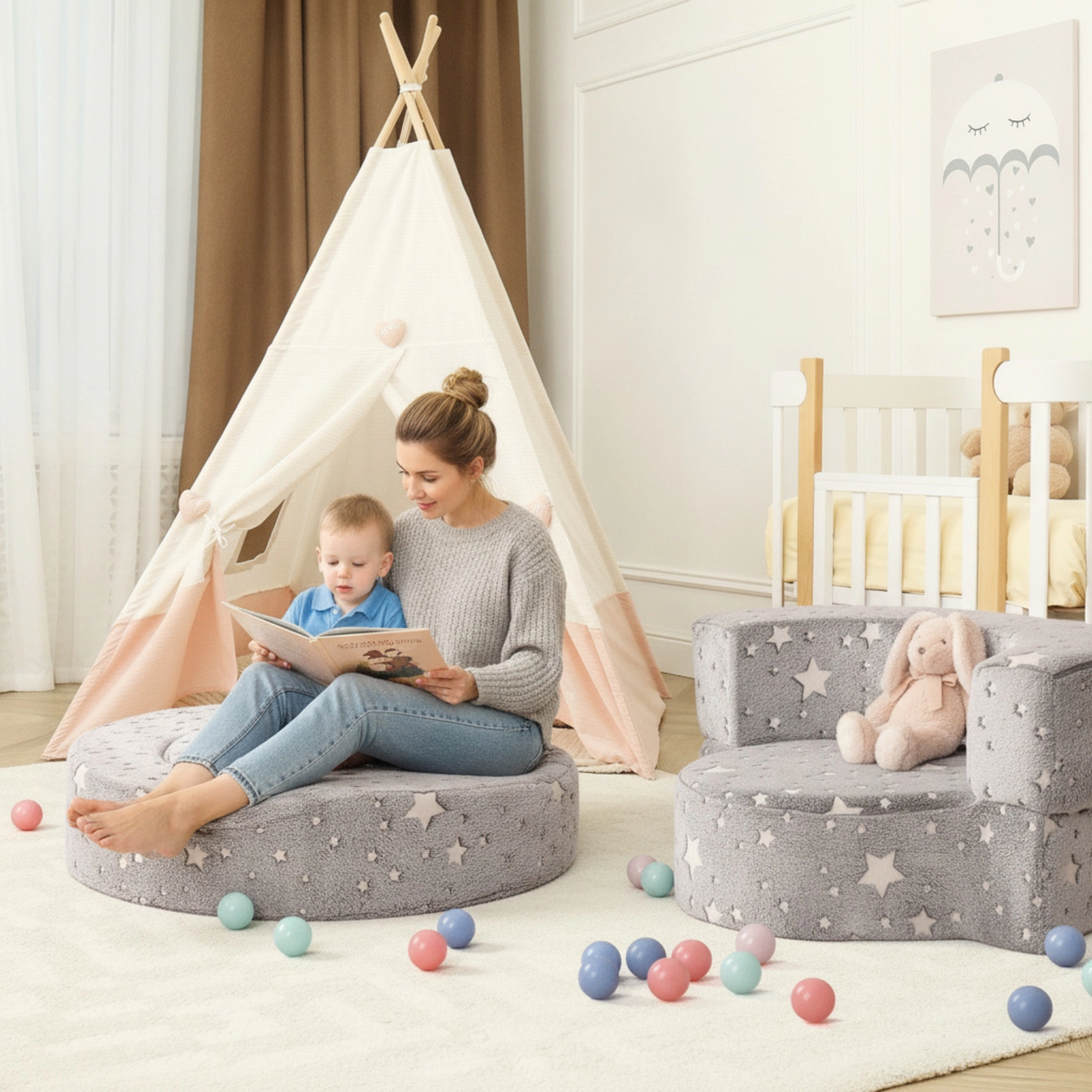 SUGIFT Gray 2-in-1 Toddler Couch with Glow-in-the-Dark Stars