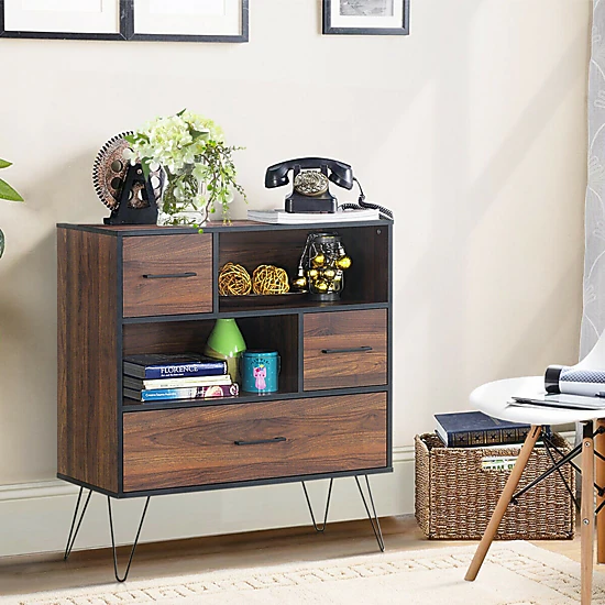 SUGIFT Walnut 3-Tier Wood Storage Cabinet with Drawer 2 Doors and Metal Legs 35.5-in W 15.5-in D 40-in H