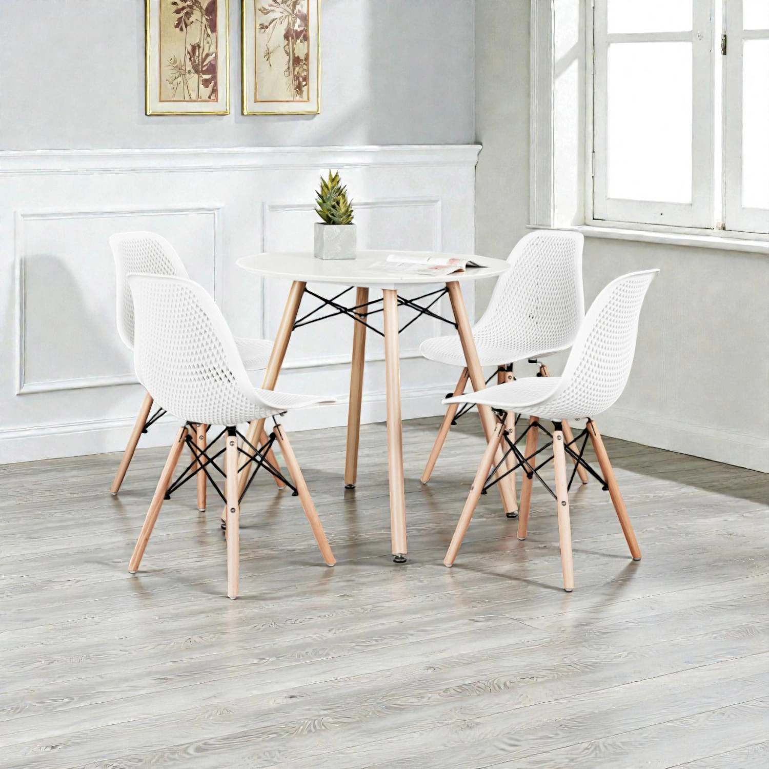 Hivvago Set of 4 Sleek Plastic Chairs with Wood-Leg Construction