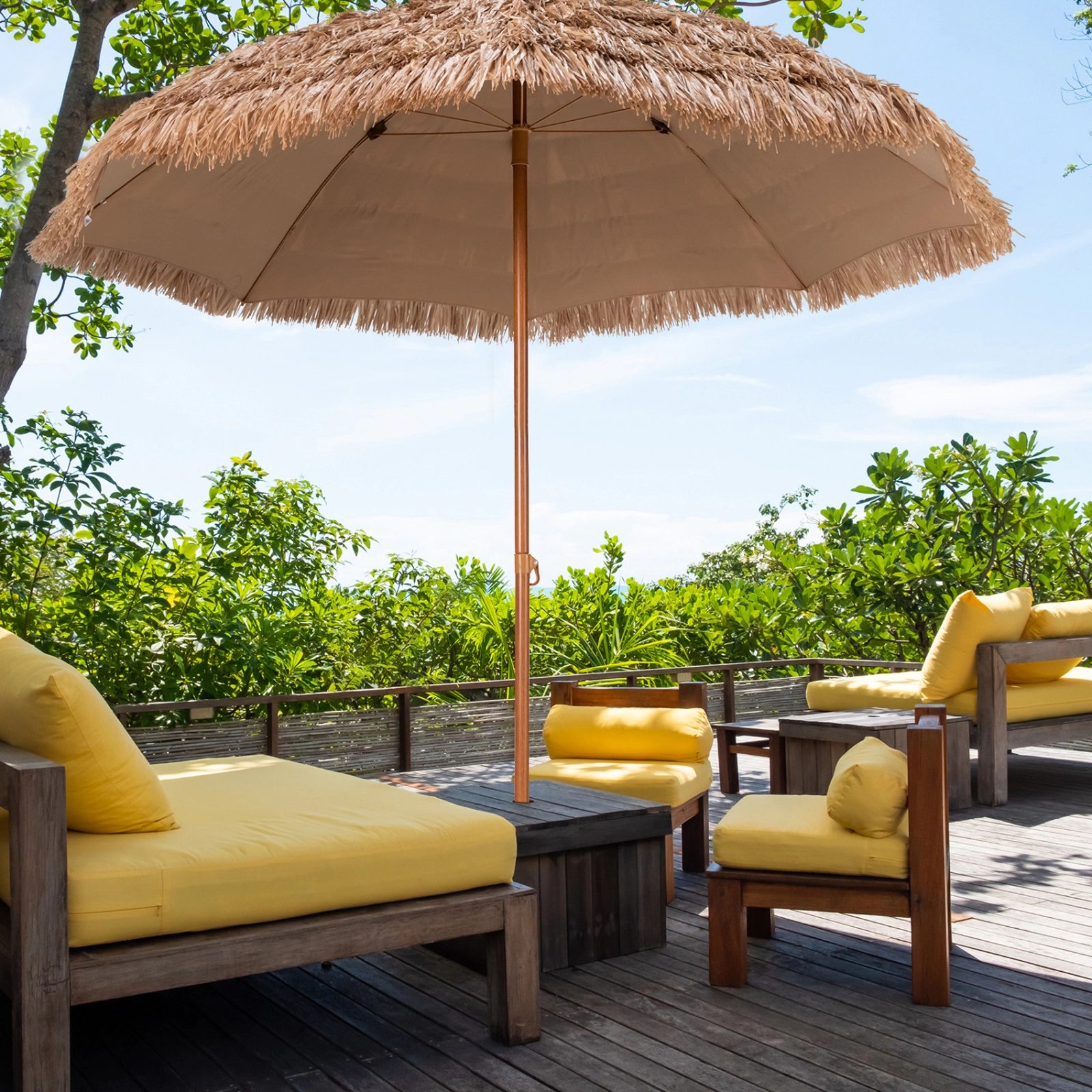 SUGIFT 8-ft Natural Thatched Tiki Hawaiian Hula Patio Beach Umbrella with 7-Layer Thatch and 8 Steel Ribs