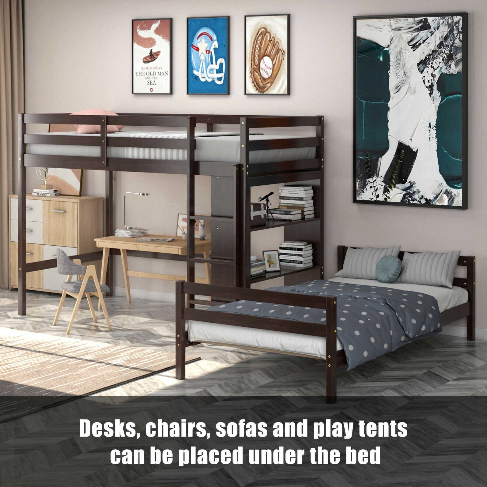 SUGIFT Twin-Over-Twin Bunk Bed with 4-Tier Bookcase, Dark Brown Wood