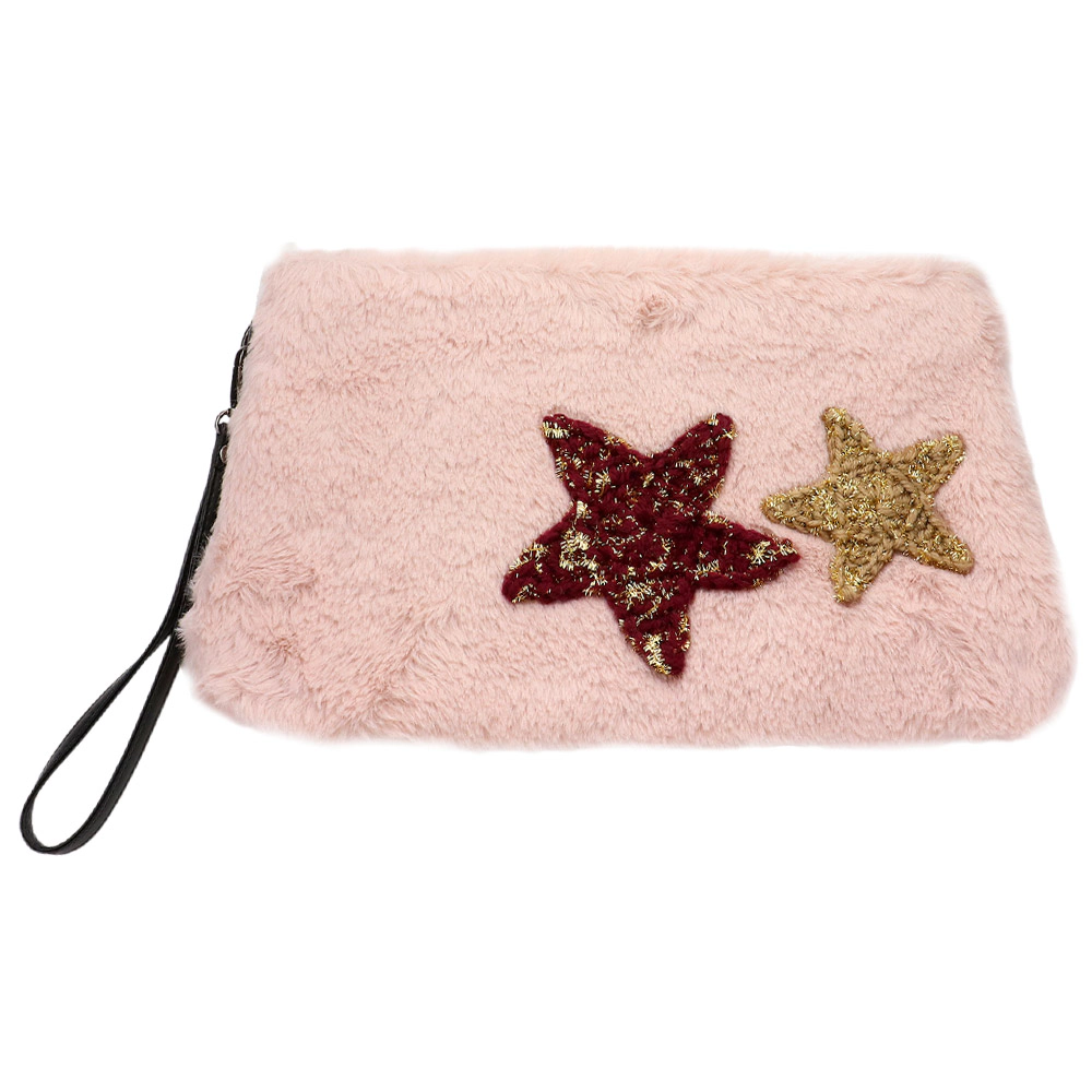 Fashnzfab Star Patches Fuzzy Faux Fur Wristlet Clutch Bag