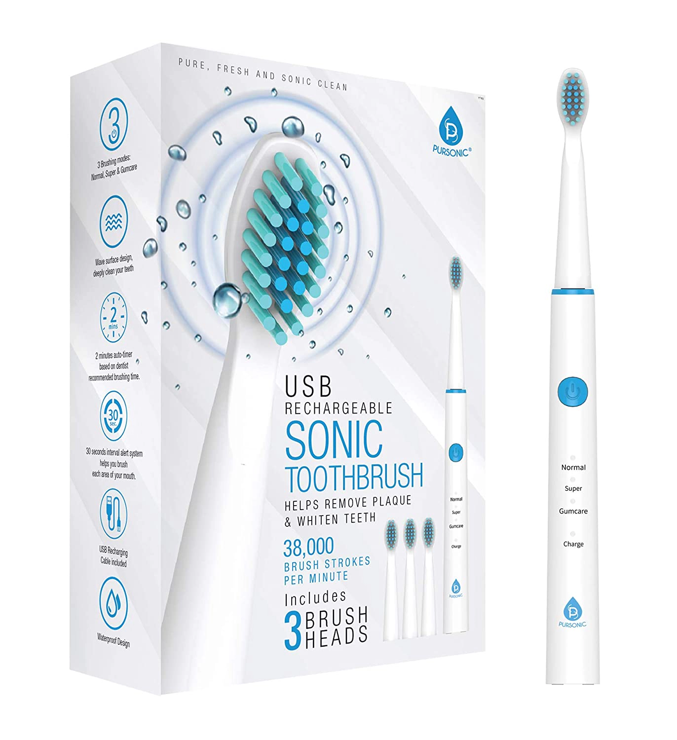 Pursonic Unisex Rechargeable Sonic Electric Toothbrush with 5 Cleaning Modes