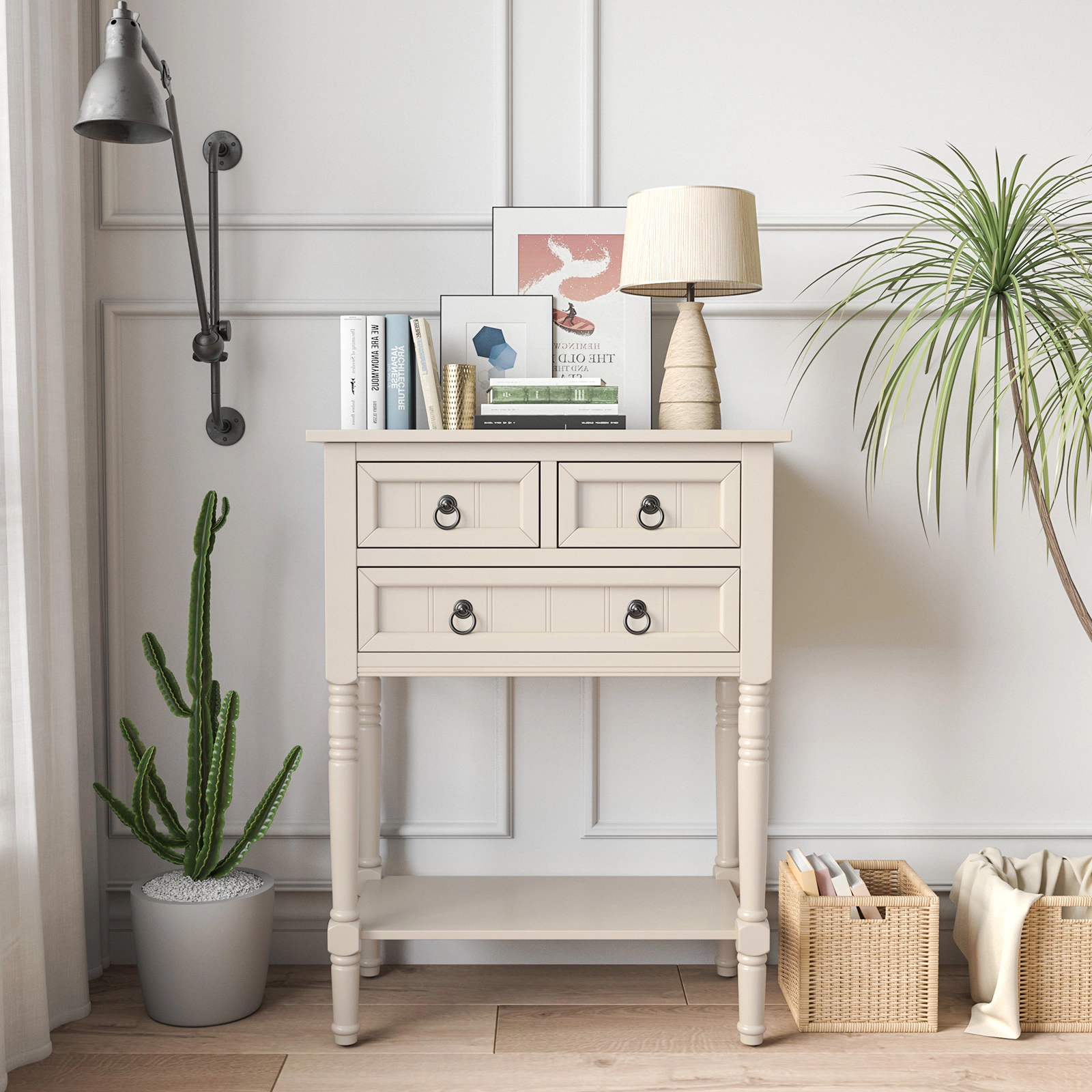 SUGIFT Narrow 3 Drawers Open Shelf Acacia Wood Legs Entryway Console Table 24-in x 13-in x 31-in 154-lb Capacity Beige