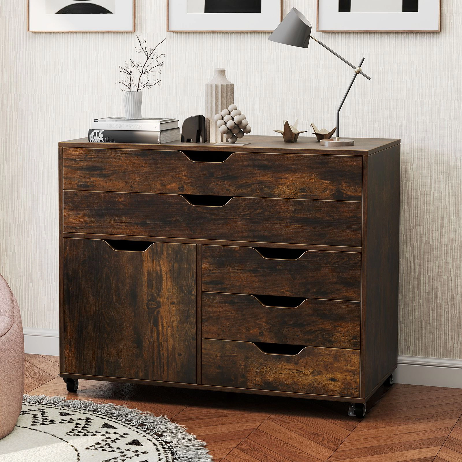 Slickblue 5 Drawer Mobile Storage Cabinet with Door and Wheels